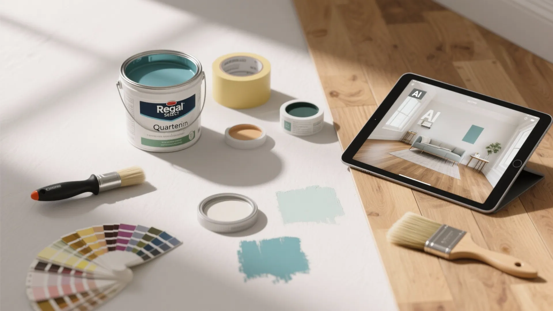 Paint bucket with brushes color samples and tablet showing interior design drawing on wooden floor background
