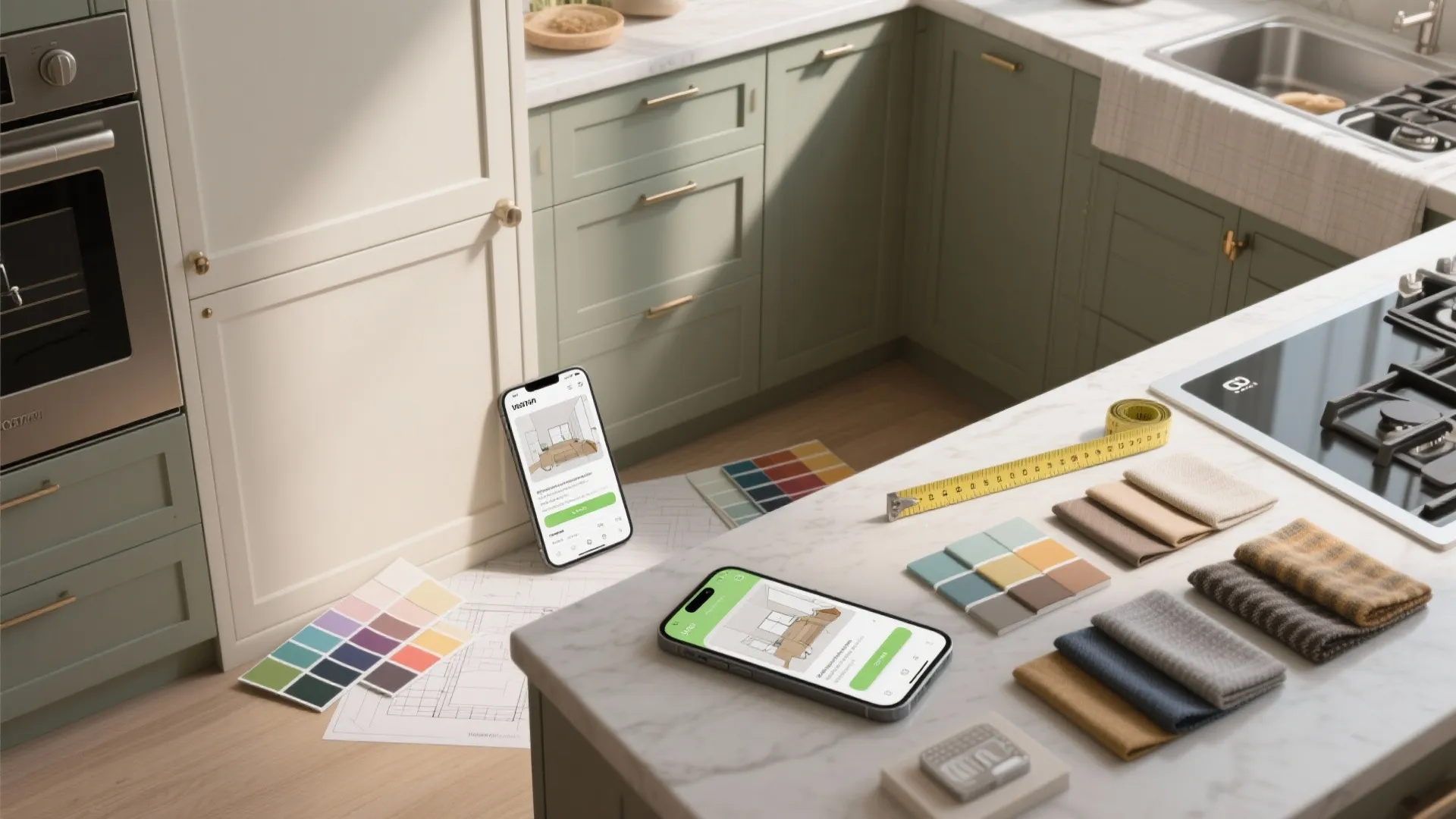 Top-down view of cabinet paint samples on a door and a tablet showing a room planner.