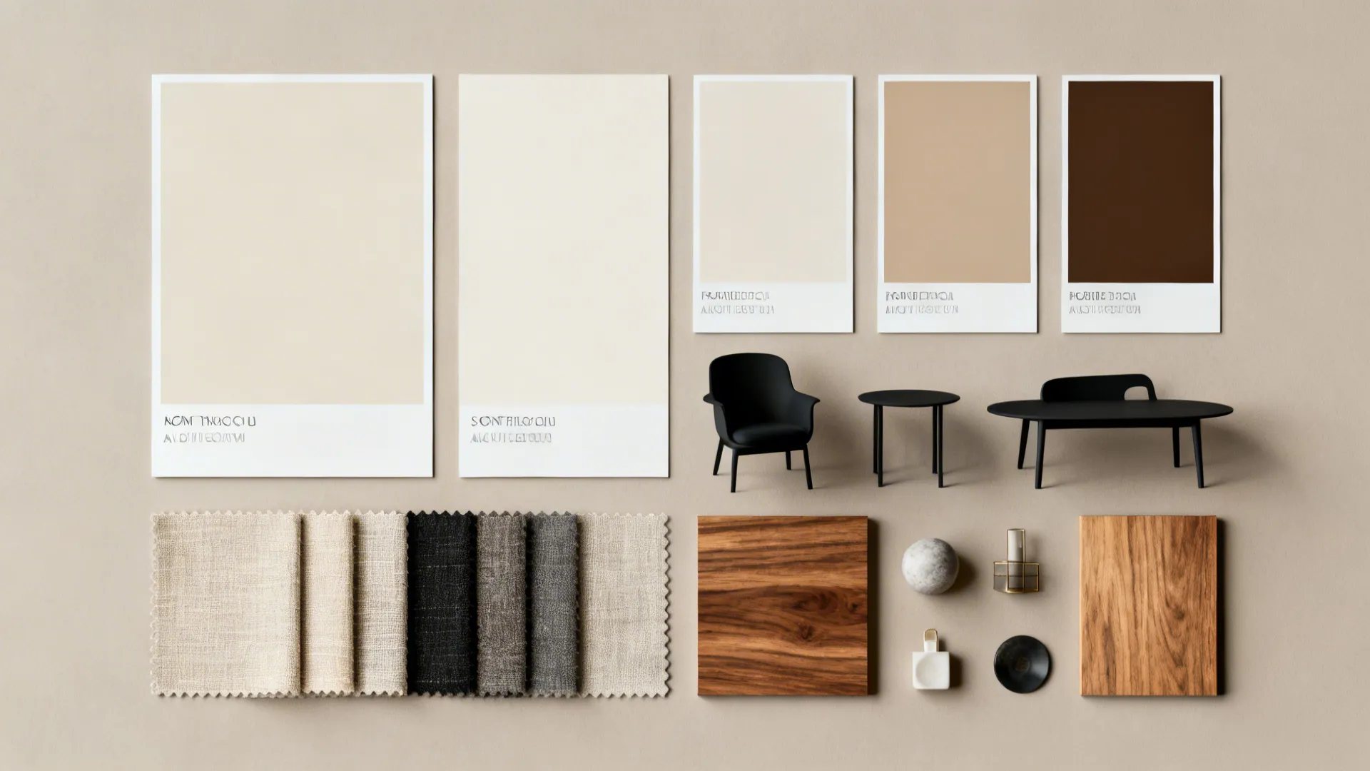 Flatlay of color swatches and material samples illustrating a cohesive neutral palette with two accents for a small apartment.