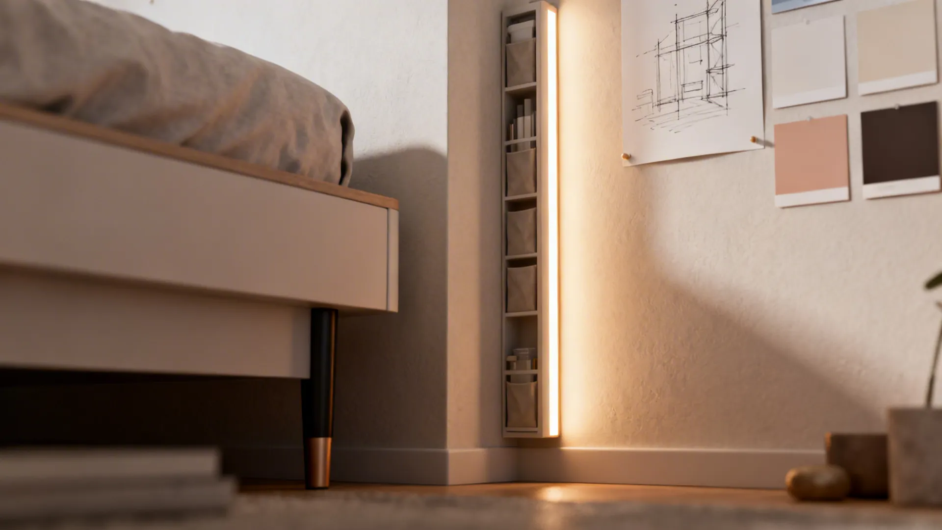 Detail showing color swatches, slim furniture legs and integrated LED lighting for small bedrooms.