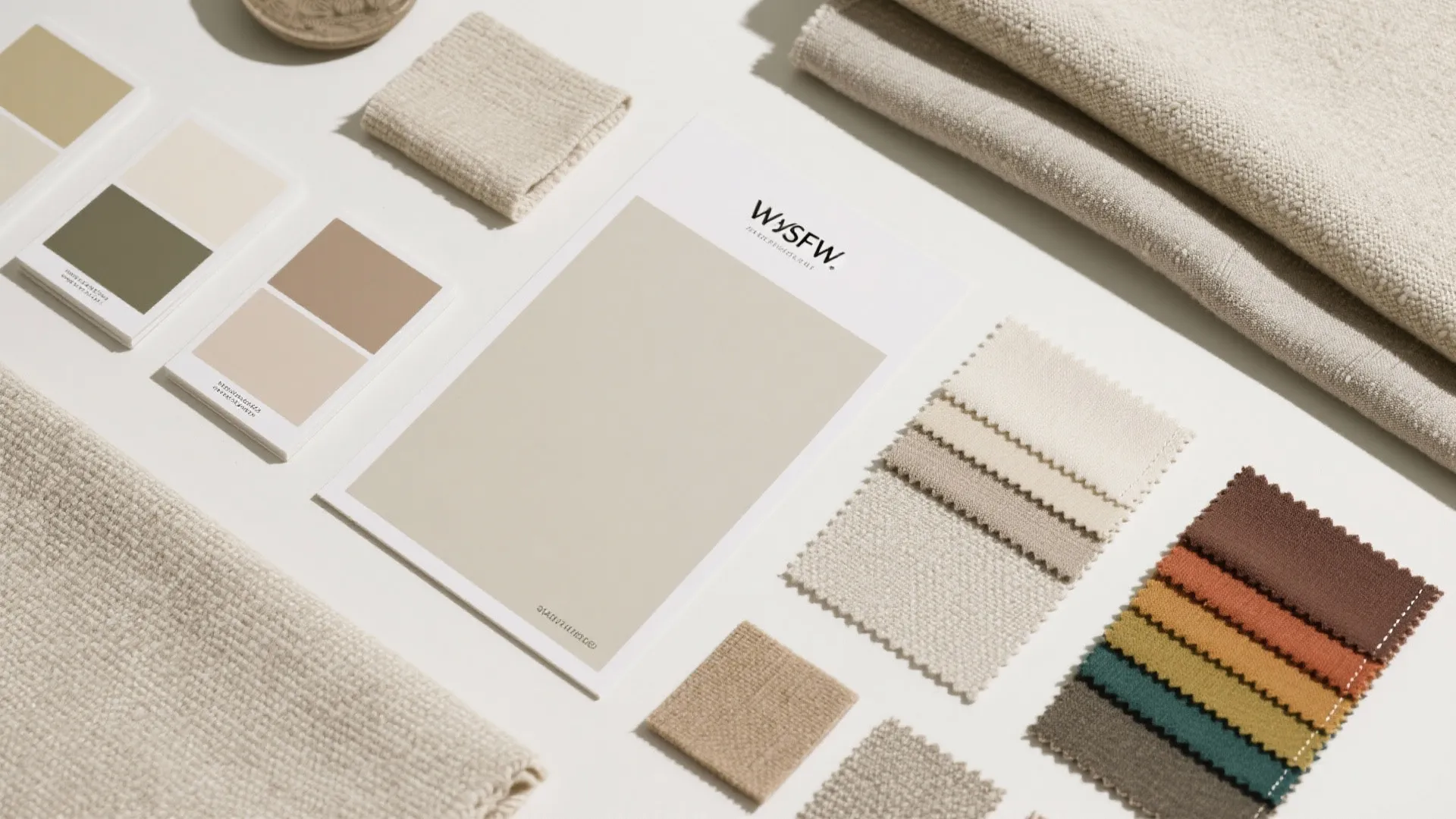 Interior design mood board with various neutral fabric samples color swatches and professional layout papers