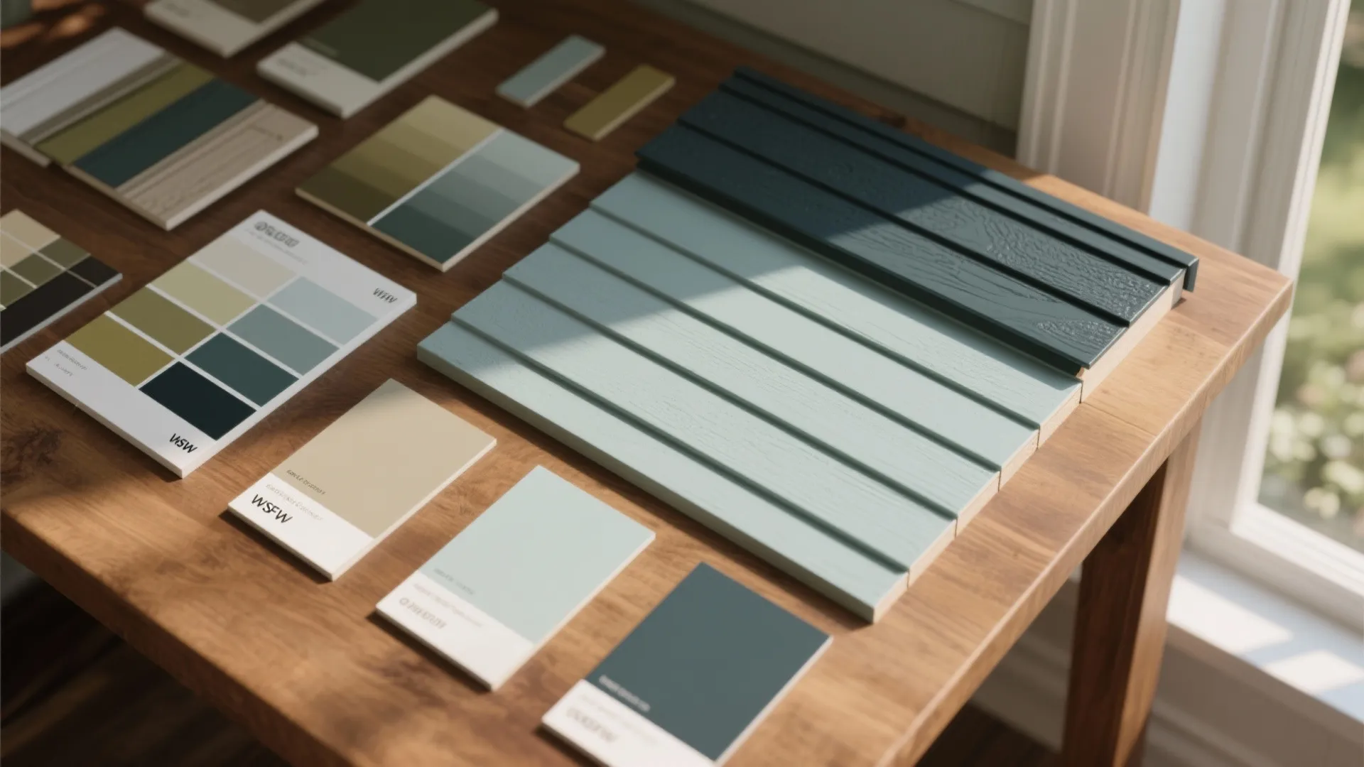 Various paint color swatches and painted wall panel samples arranged on wooden table near window