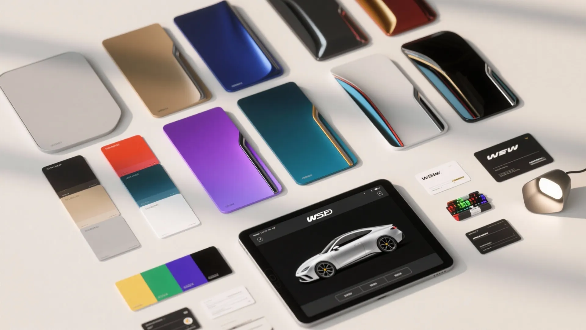 Assorted colorful material samples with a tablet showing car design alongside various small office supplies