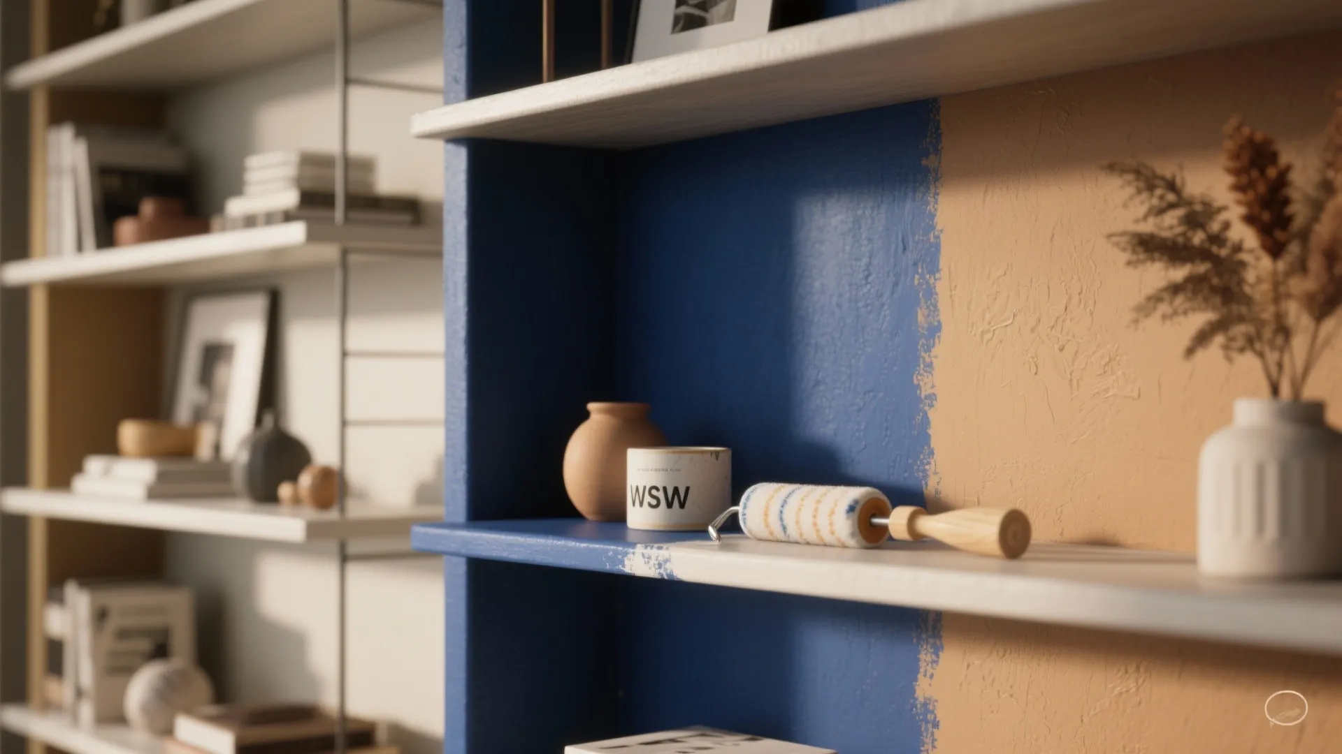 Open shelving with painted back panels in bold color blocks and styled decor, showing paint texture.