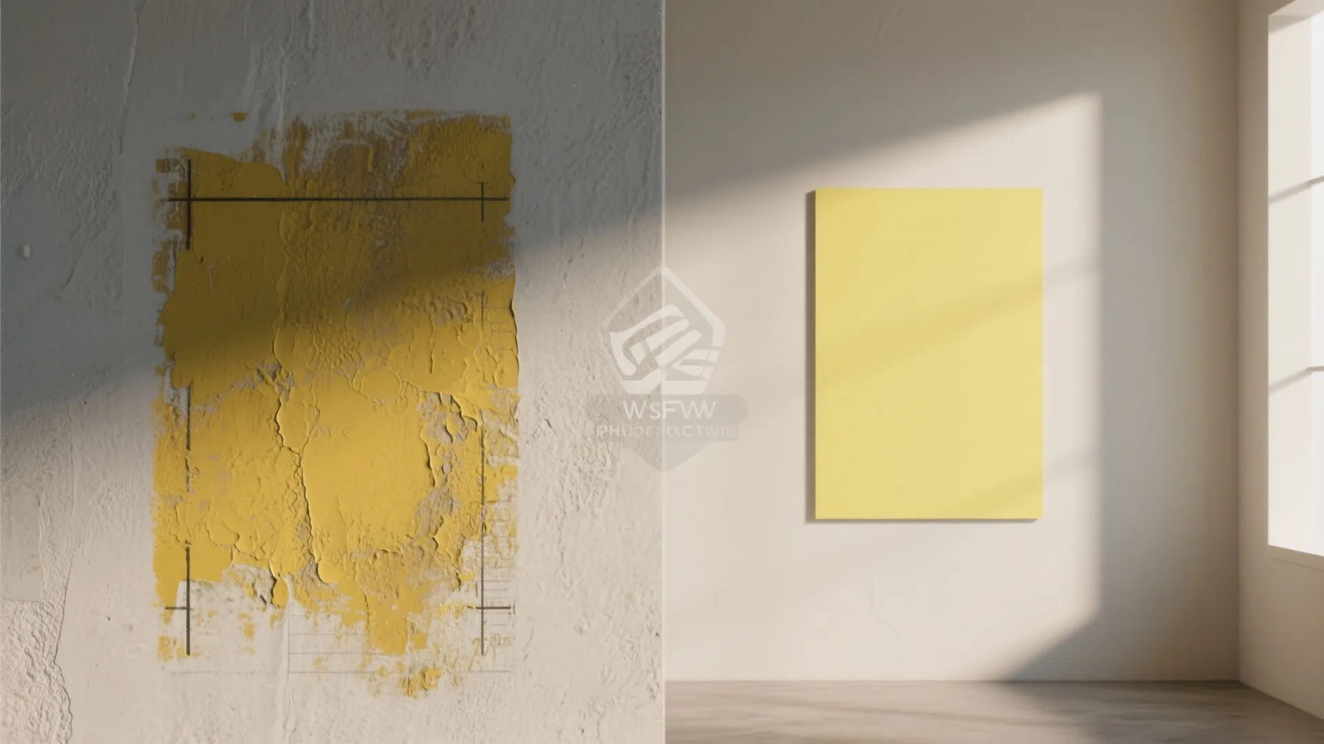 Before-and-after comparison showing yellowed curdled paint versus a fresh, accurate swatch on a wall.