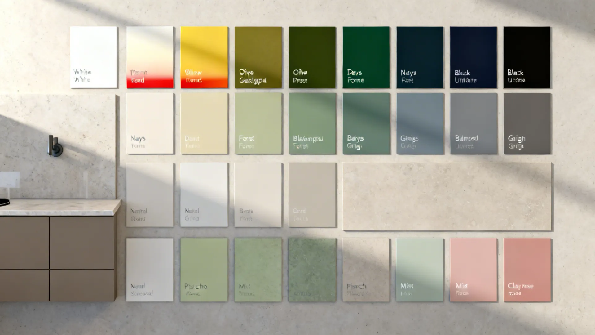 Top-down array of warm whites, deep greens, navies, greiges, and muted pastels