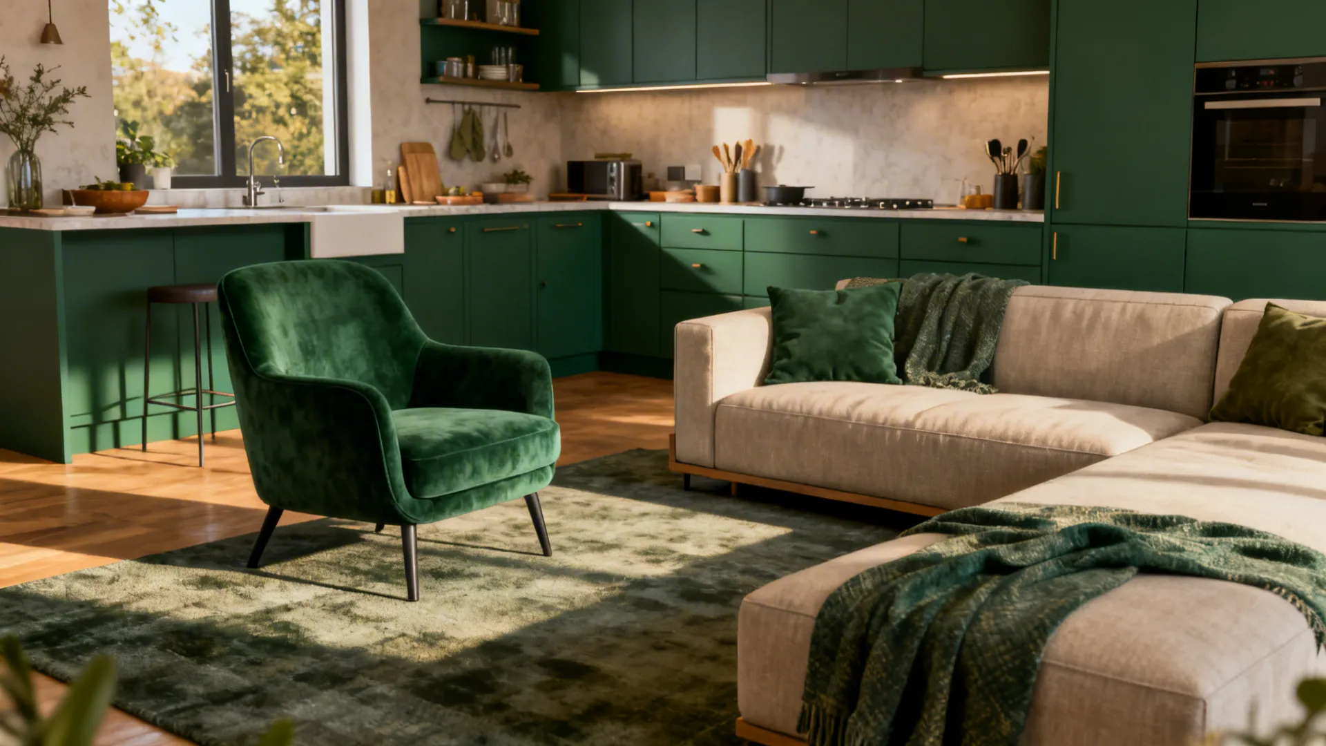 Low sofa and deep green accent chair aligned with matching kitchen lower cabinets to create cohesive sightlines.