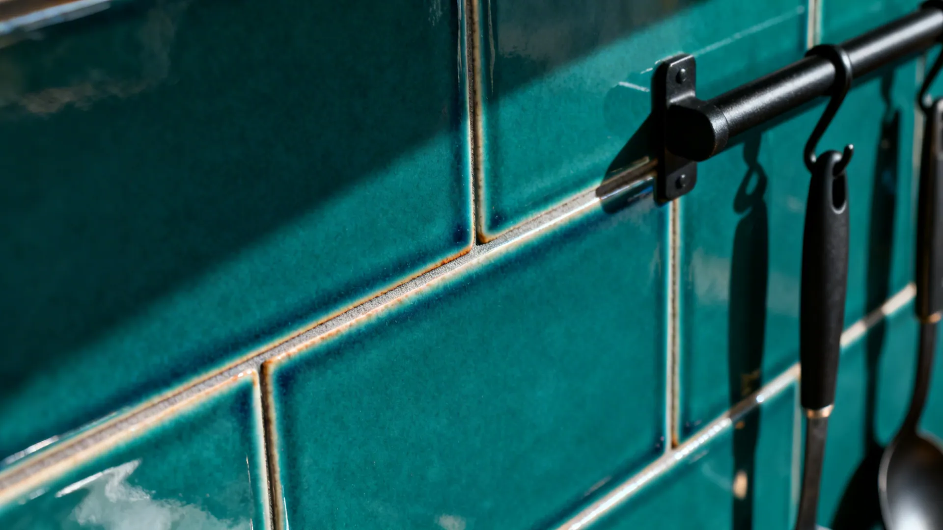 Macro of a deep teal porcelain slab backsplash with smooth finish under warm light.