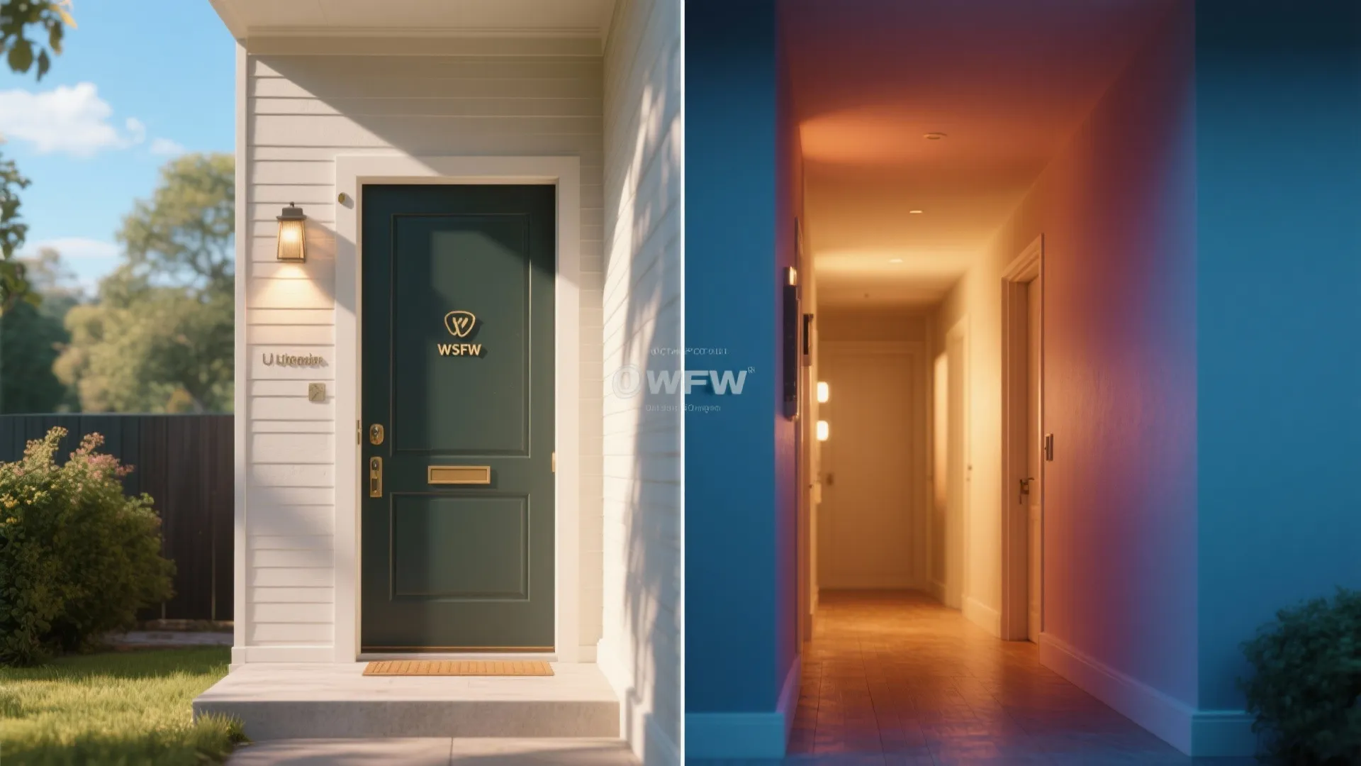 Green front door in bright sunlight next to hallway interior with blue and orange light