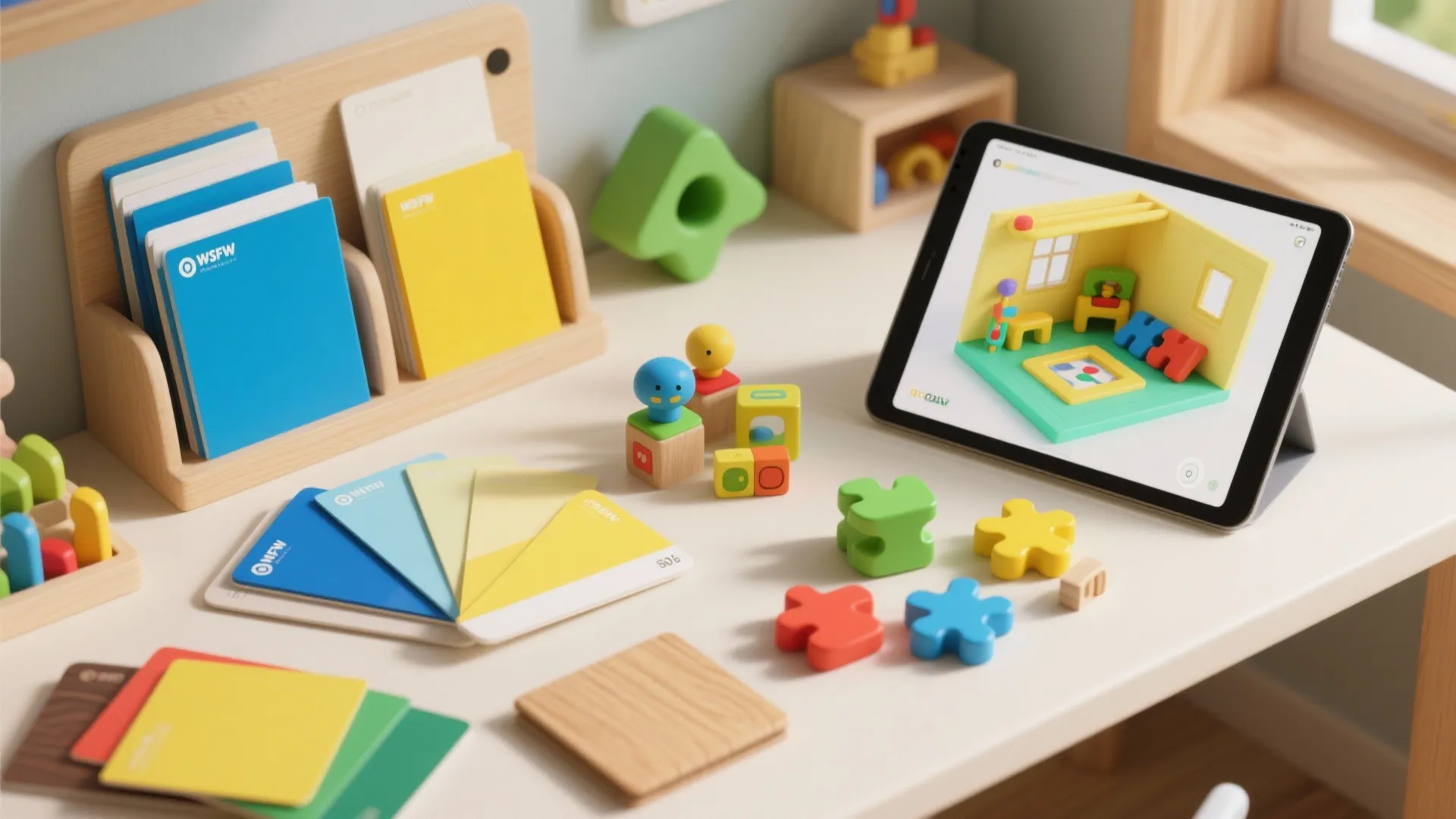 Tablet displaying interior design drawing on desk with colorful color cards toys and puzzle pieces