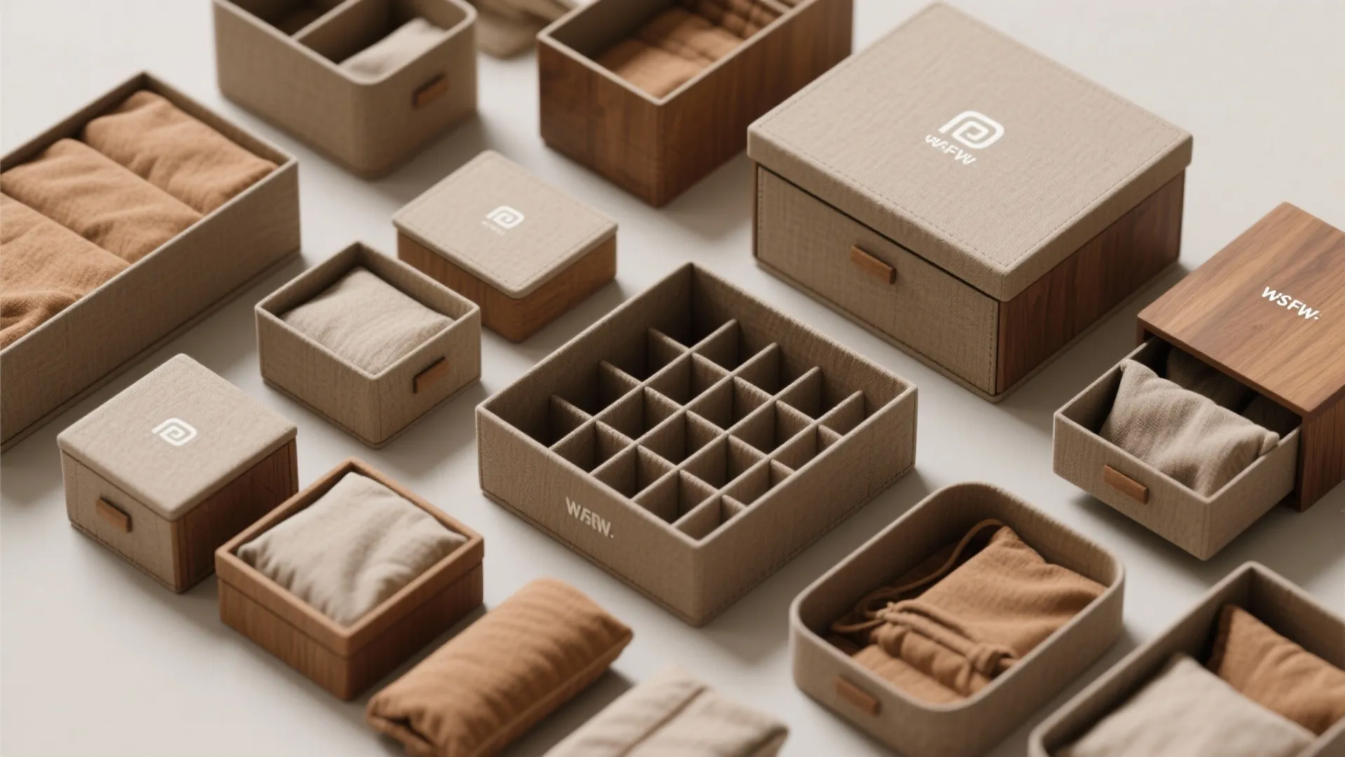 Flatlay of color-coordinated storage boxes in earthy hues