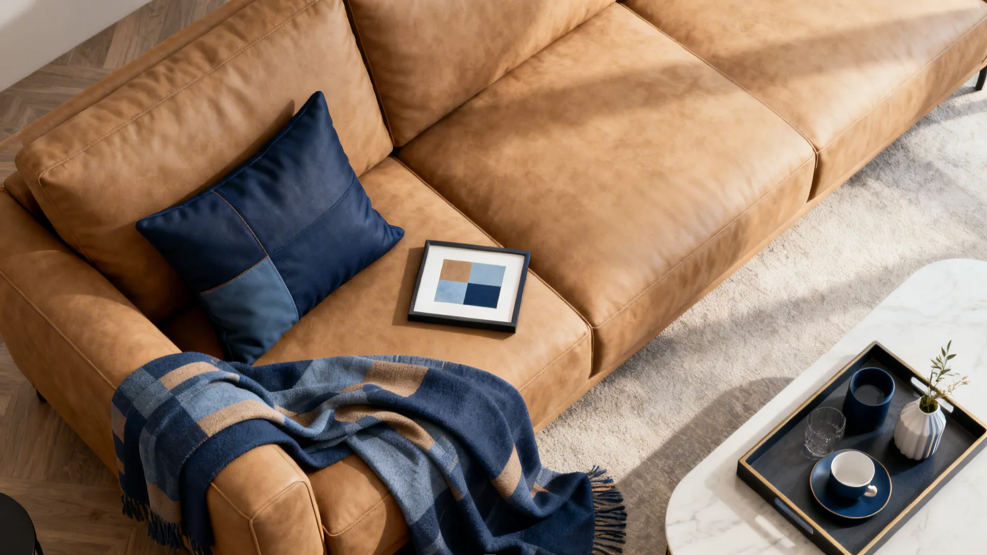 Accessories like pillows and artwork echo leather colors to create a cohesive scheme.