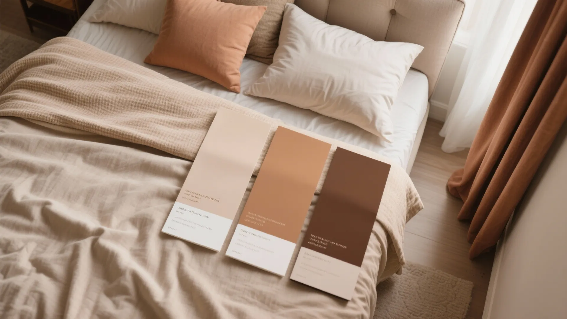 Neutral bedroom scene showing three color samples on a bed with pillows and a curtain