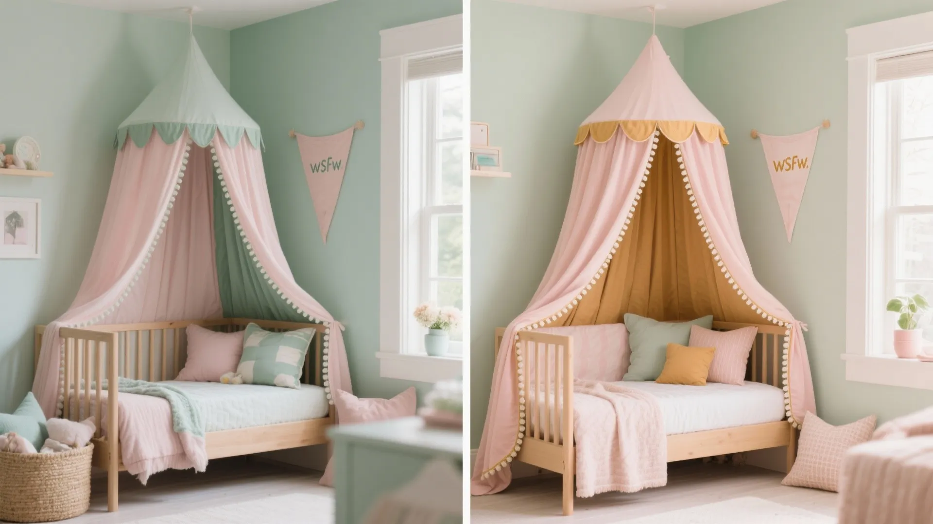 Before and after comparison of nursery room showing different color curtain designs and matching bed pillows
