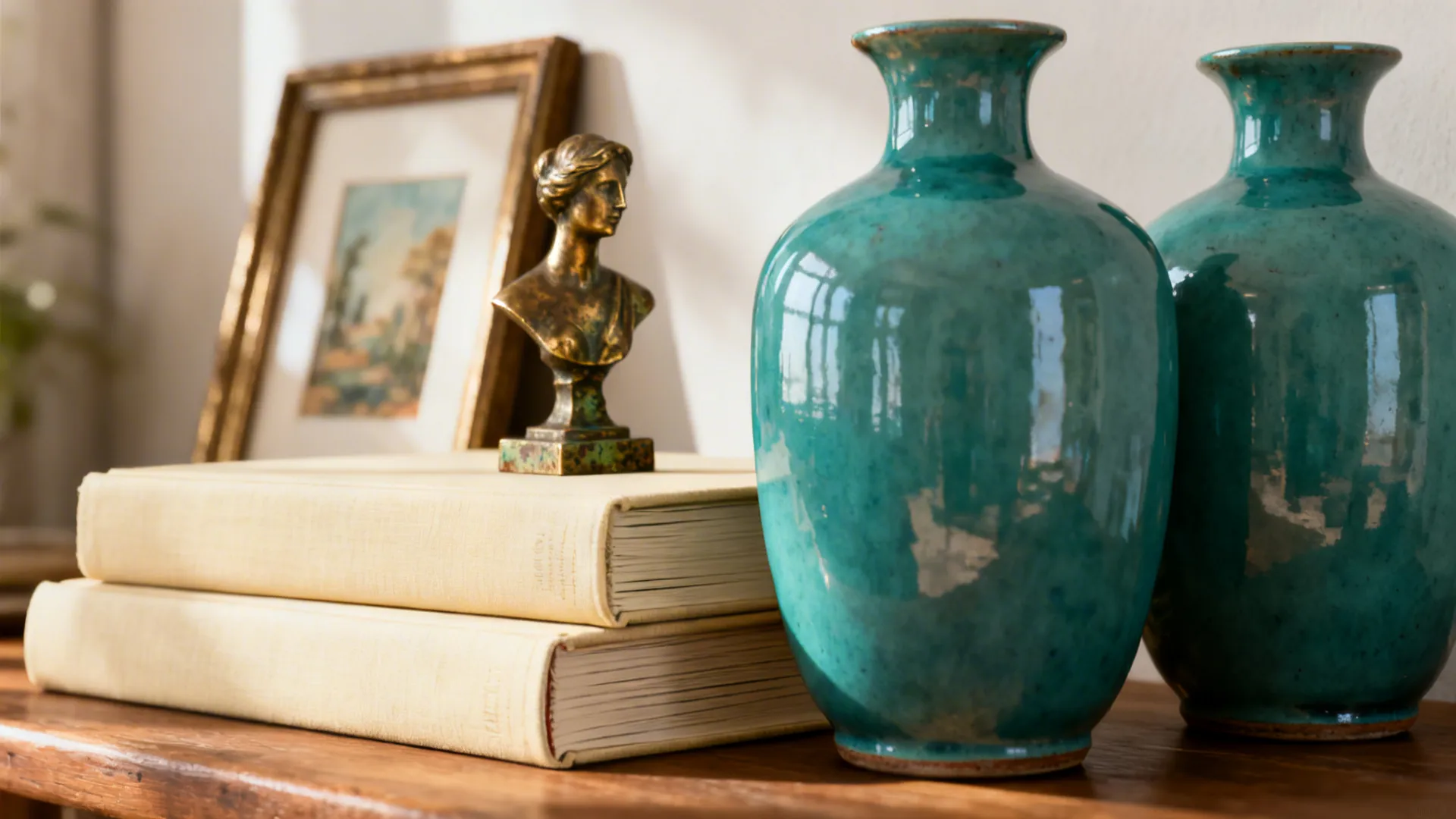 Close-up of shelf vignette with teal vases, stacked books, and a small brass sculpture.