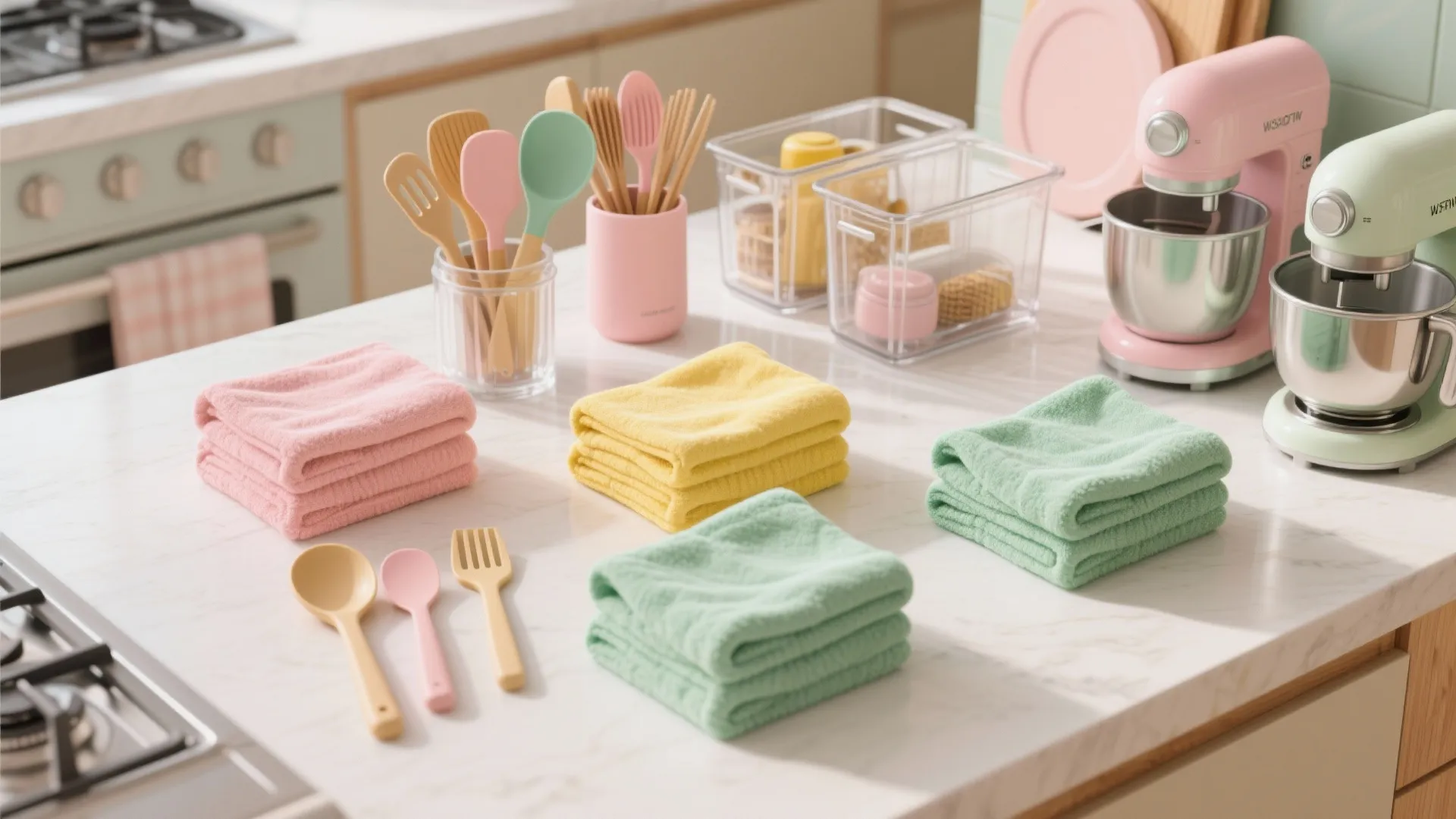 Colorful kitchen towels stacked on a white marble counter with pink and green stand mixers