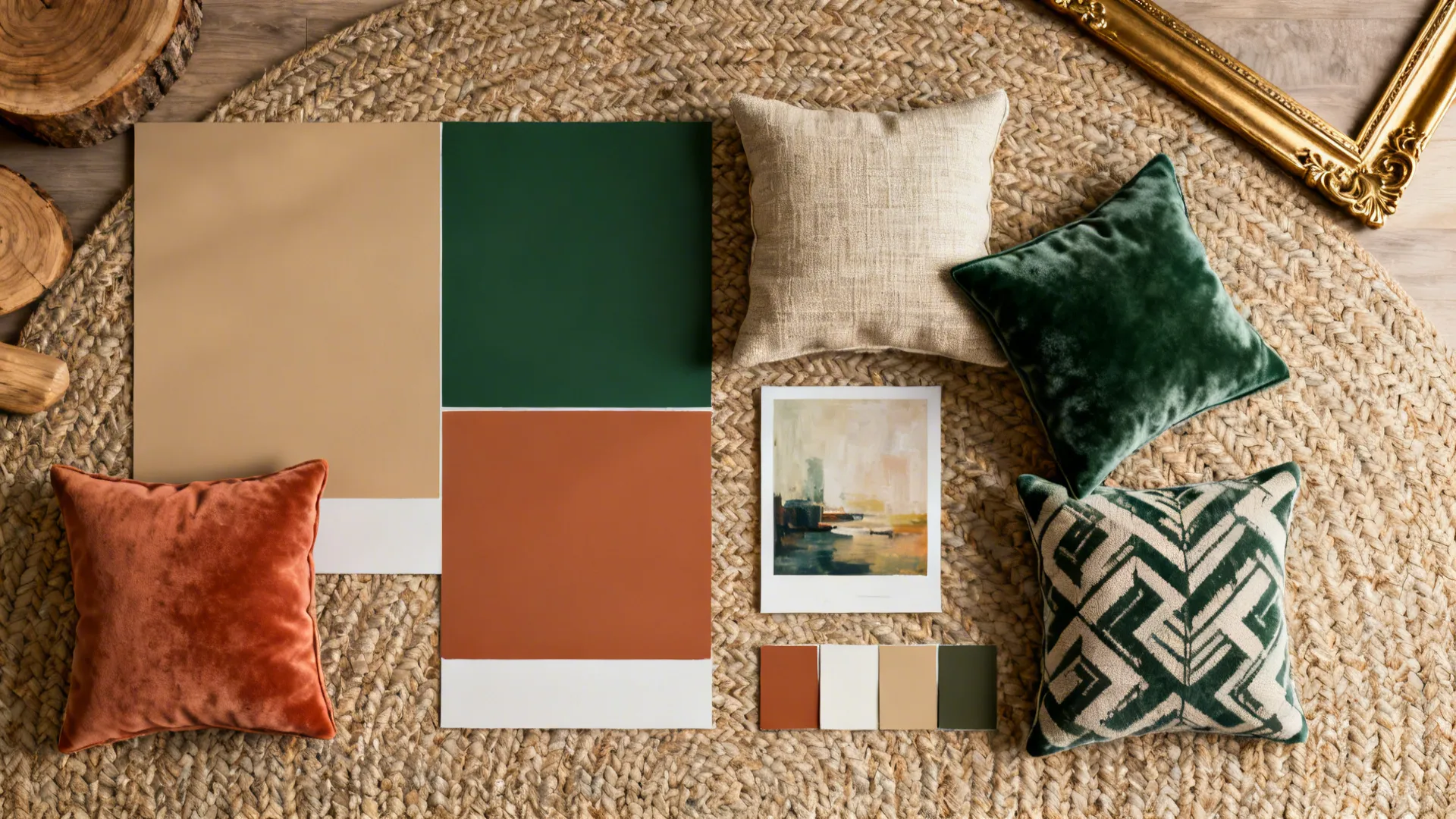 Top-down flatlay showing a cohesive color palette and fabric samples for a small living room