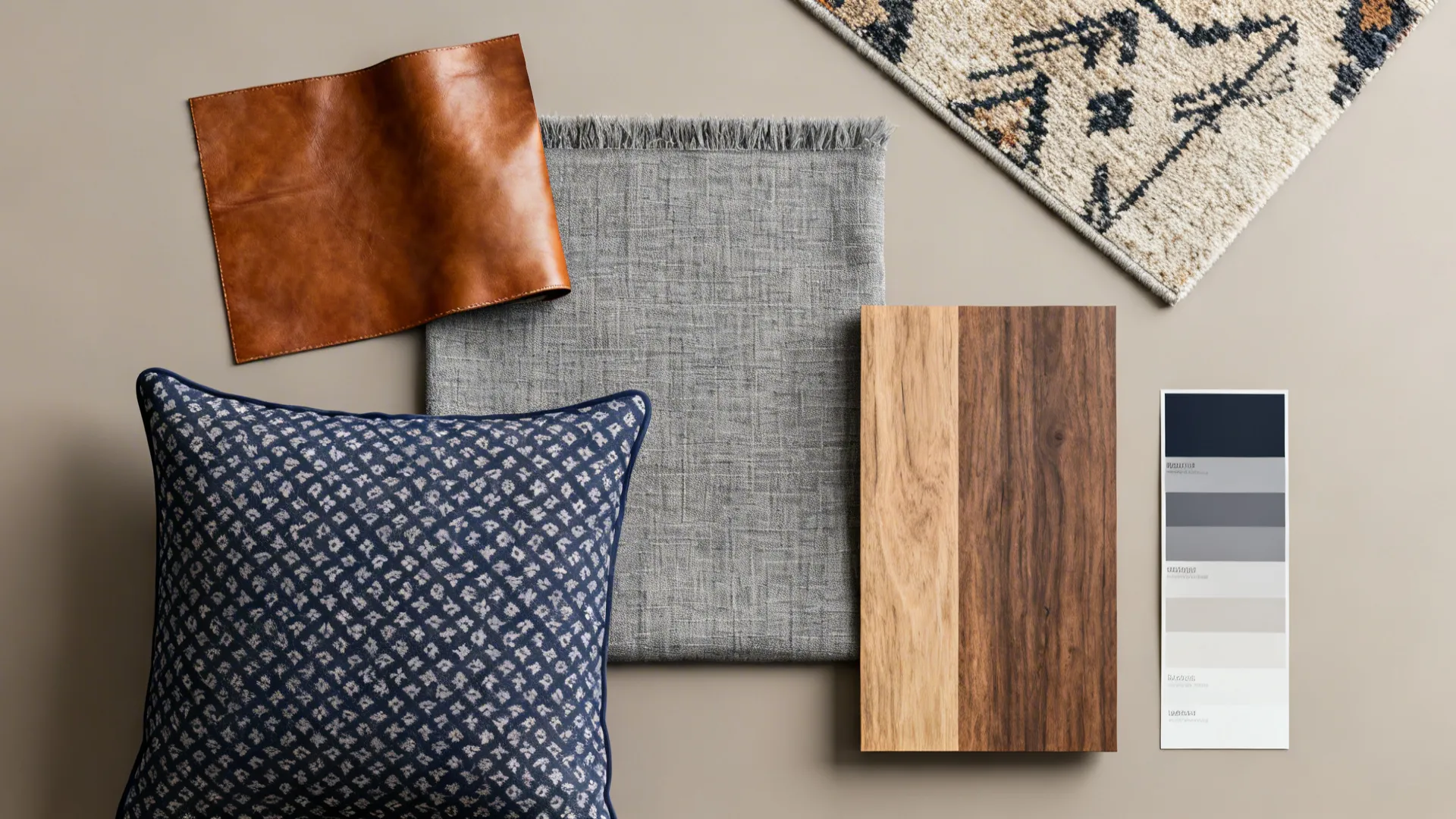 Flatlay of leather and fabric swatches with navy accent and wood sample
