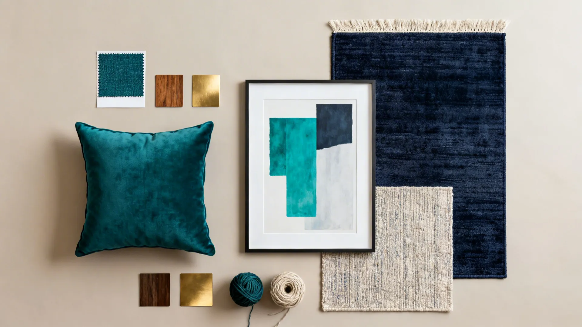 Flatlay of teal and navy fabric swatches, rug sample and material chips showing a coordinating color story