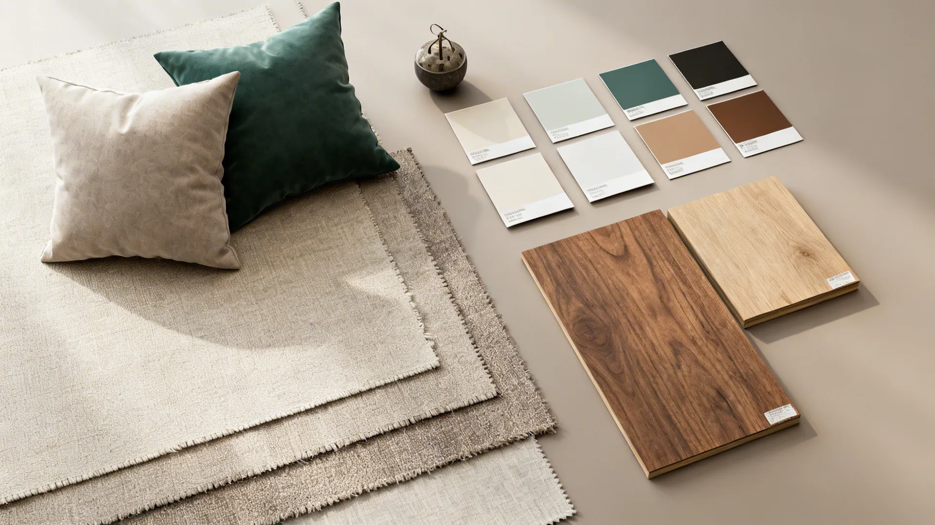 Flatlay of neutral base fabrics, wood samples, and accent colors for a cohesive palette.