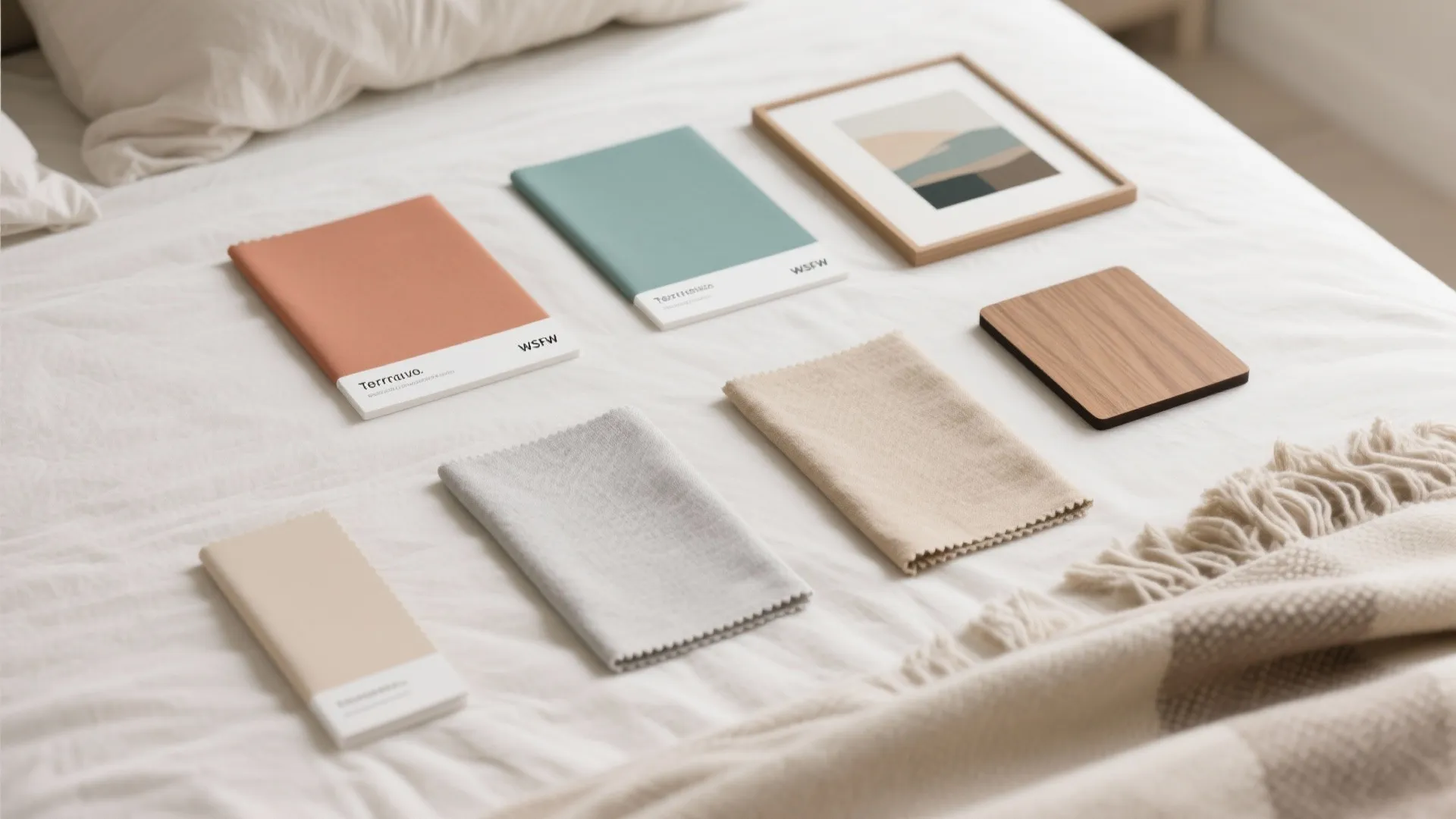 Interior design mood board on white bed featuring color swatches fabric samples wood and artwork