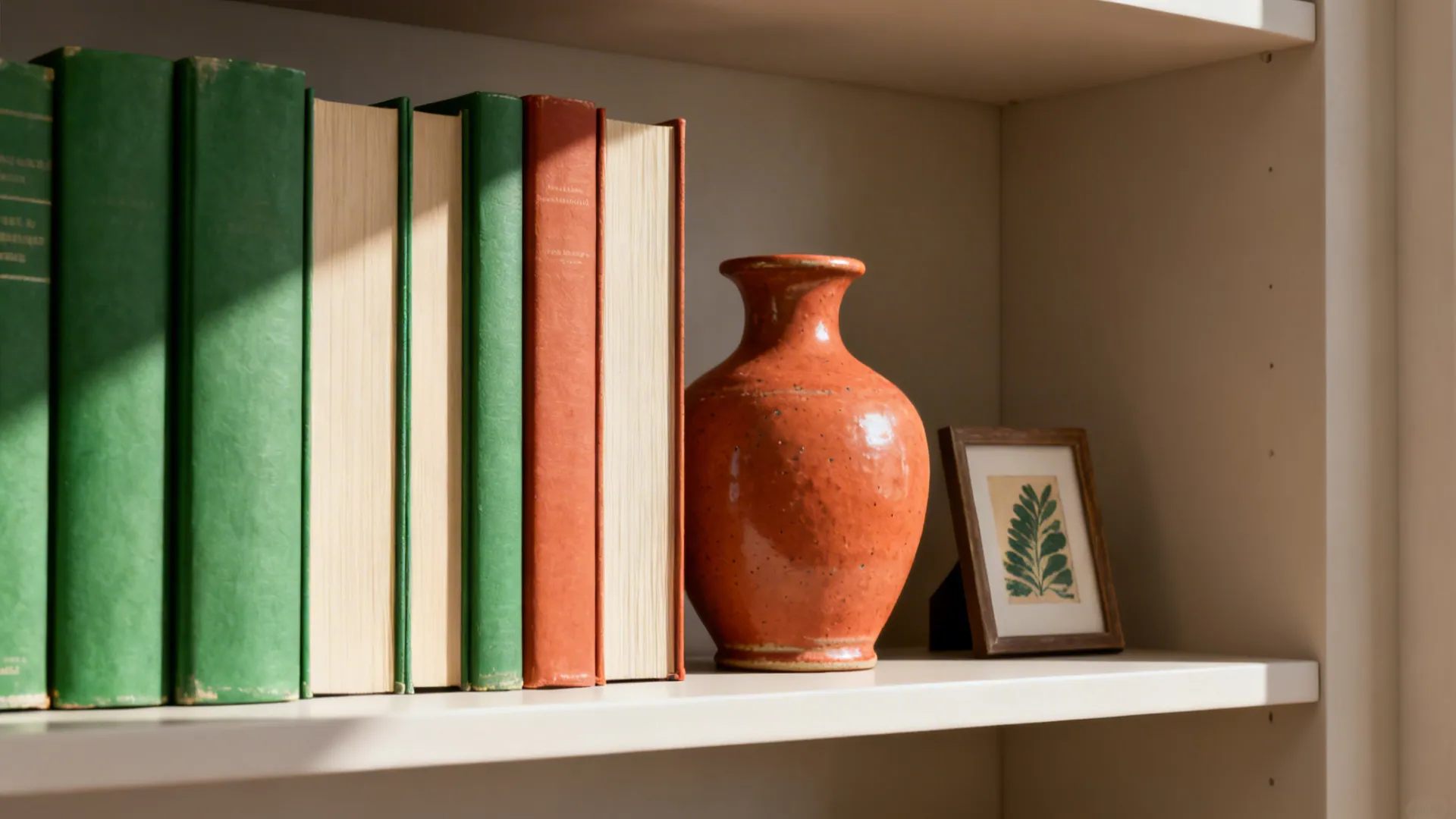 Bookshelf shelf arranged with a cohesive green and terracotta color story, vase, and framed print.