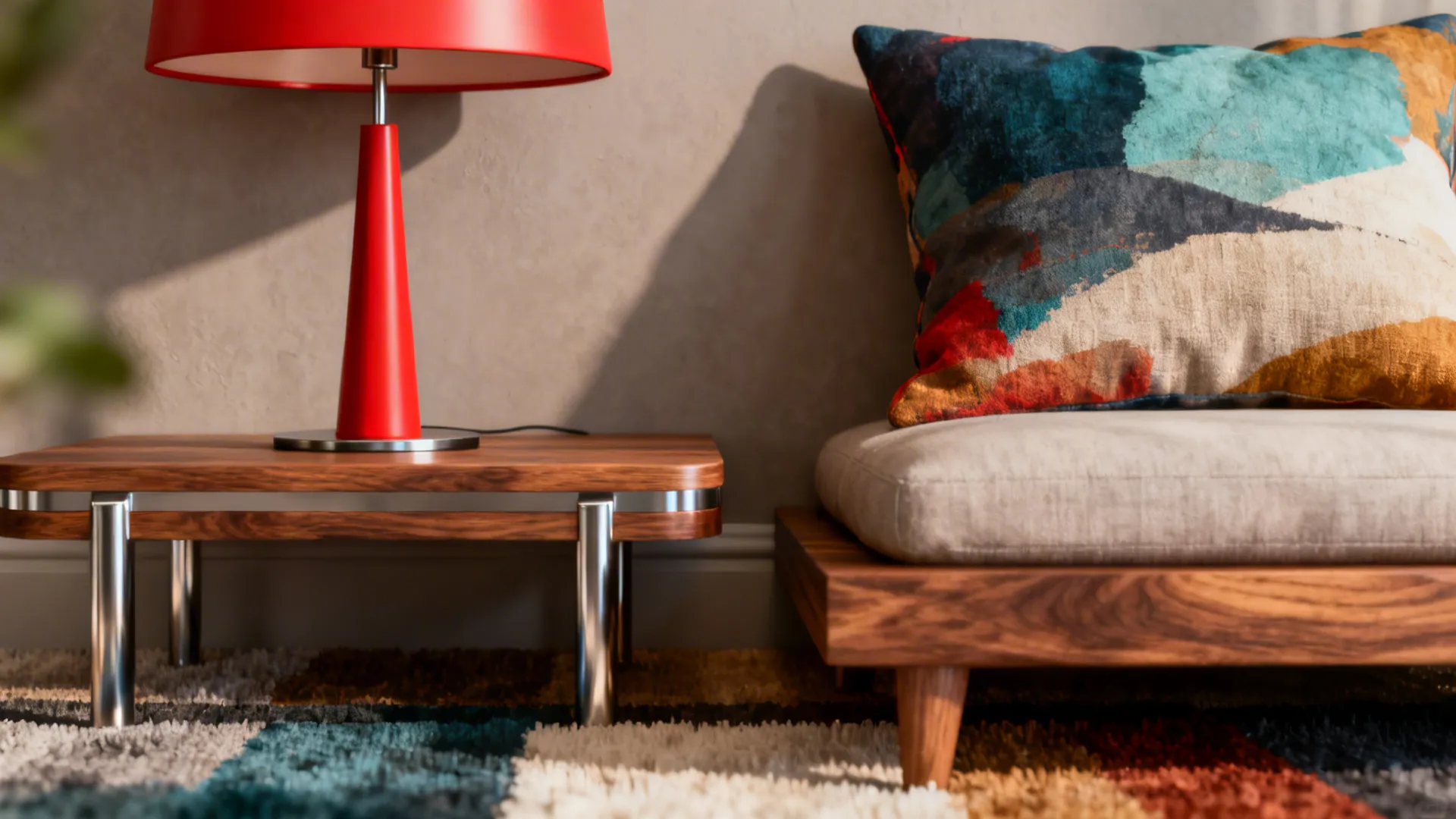 Close-up of cushions and lamp repeating an art accent color against muted walls and wood tones.