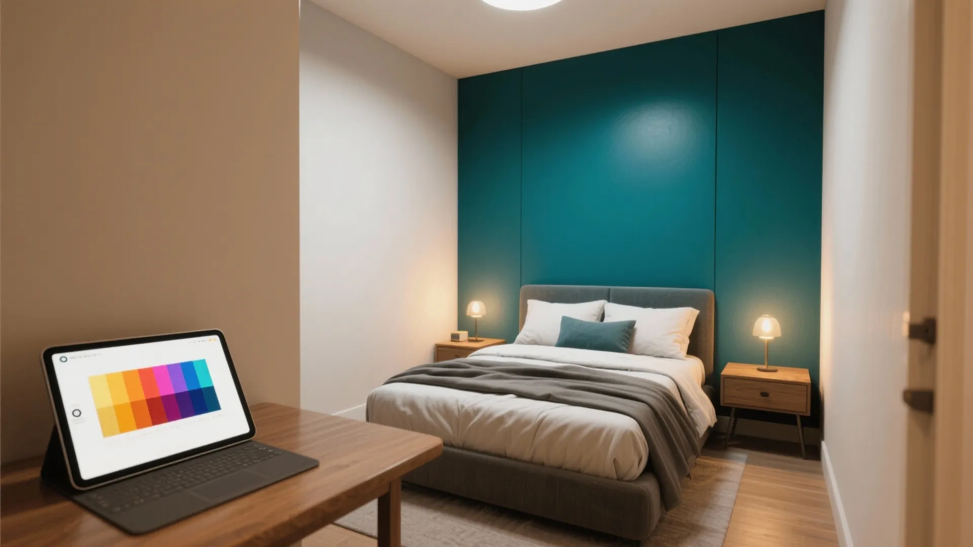 Small bedroom with a single deep accent wall, light neutral surrounding walls, and a tablet showing a 3D mockup.