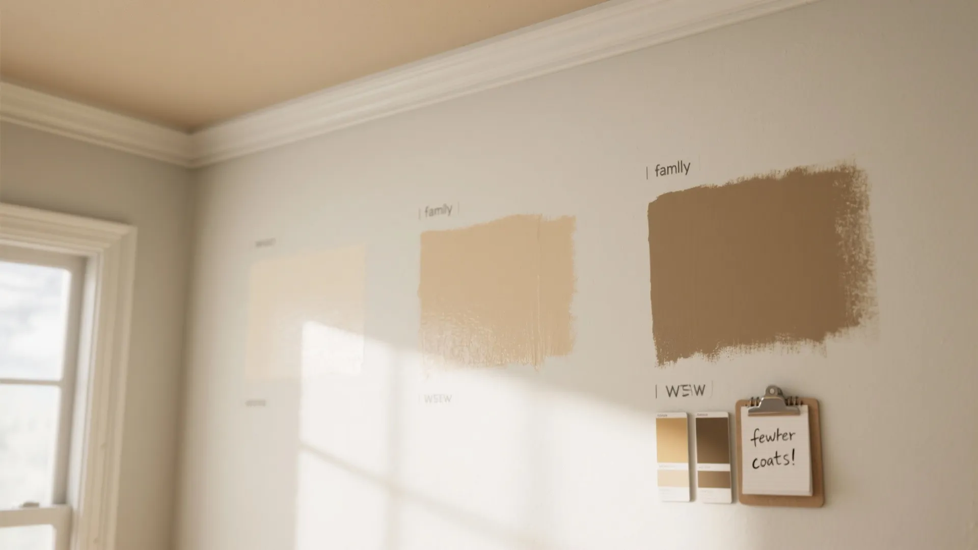Three beige and brown paint color samples on a wall with small swatches and notepad