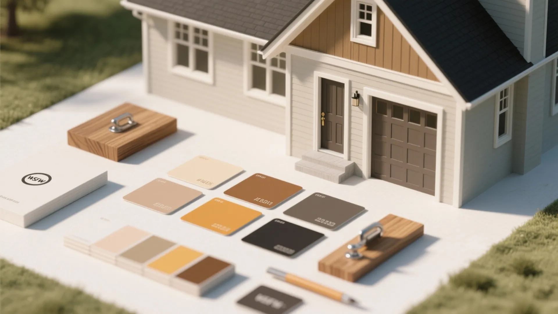 Small house model surrounded by various color swatches wood samples and a professional business pen