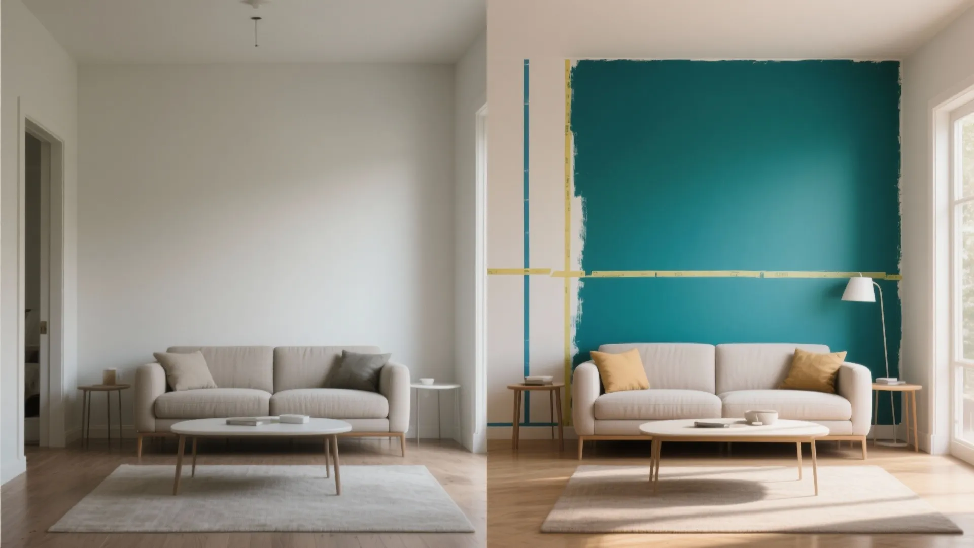 Before and after comparison of a living room with plain white walls and teal painted section