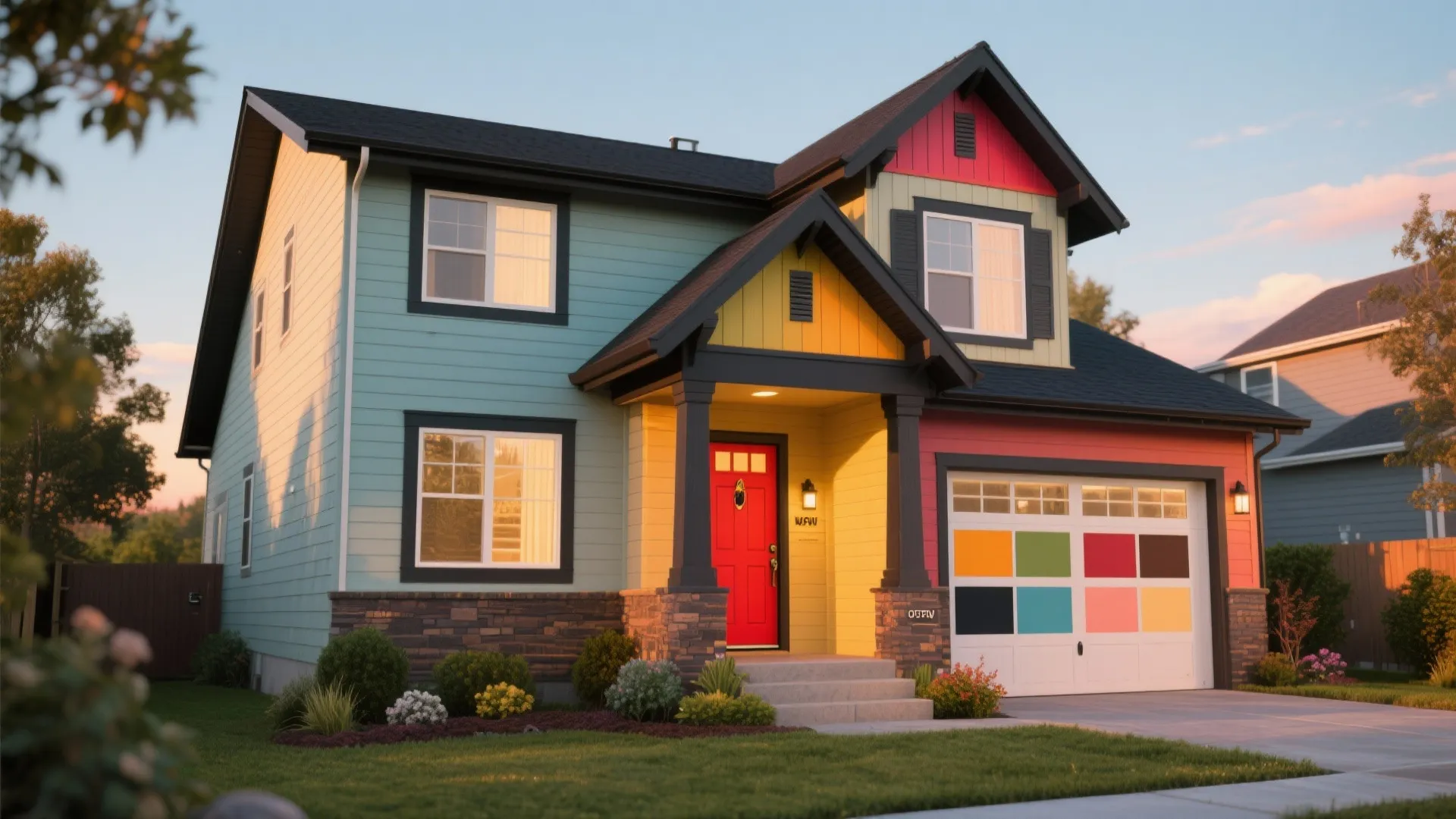 Modern house showing different paint color options on garage door with red front door entry
