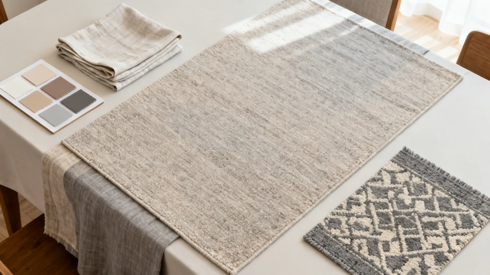 Color board with light neutrals and mid-tone taupe fabrics alongside rug samples and linens.