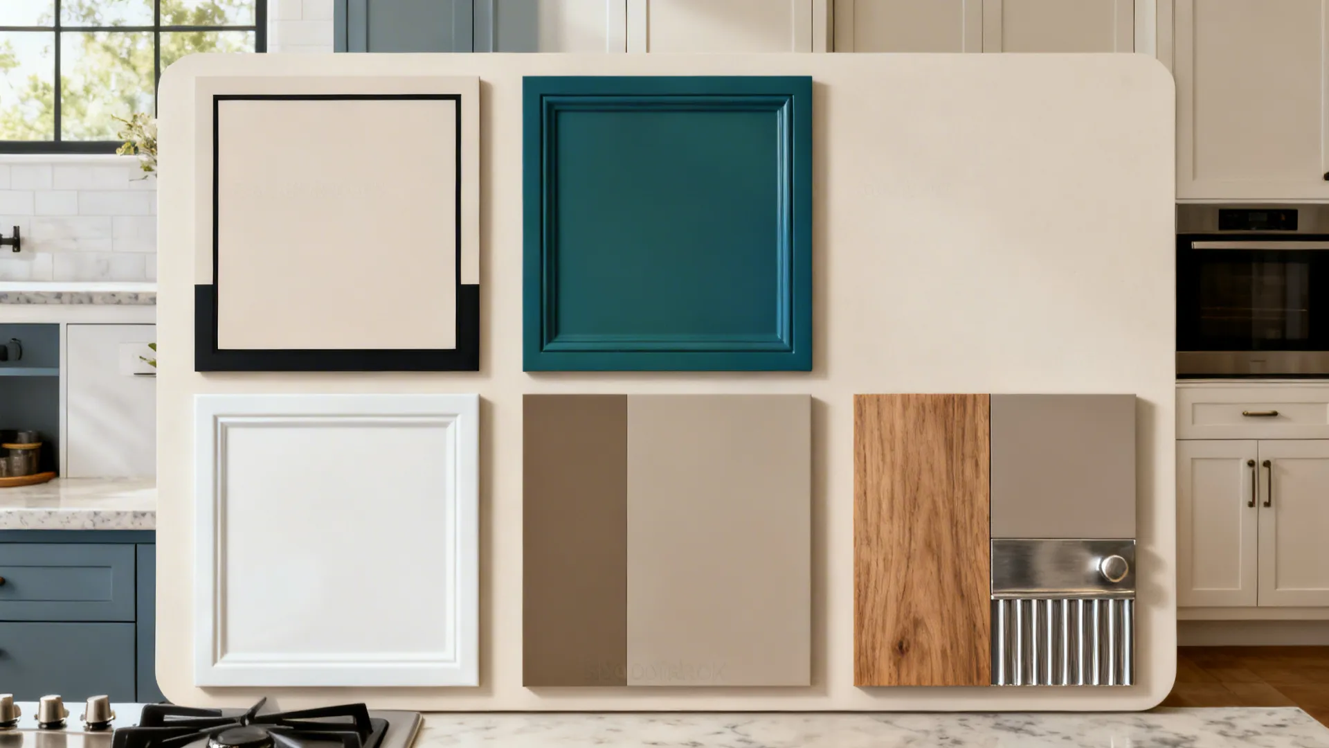 Top-down board with swatches and mini mockups summarizing five small-kitchen color strategies.