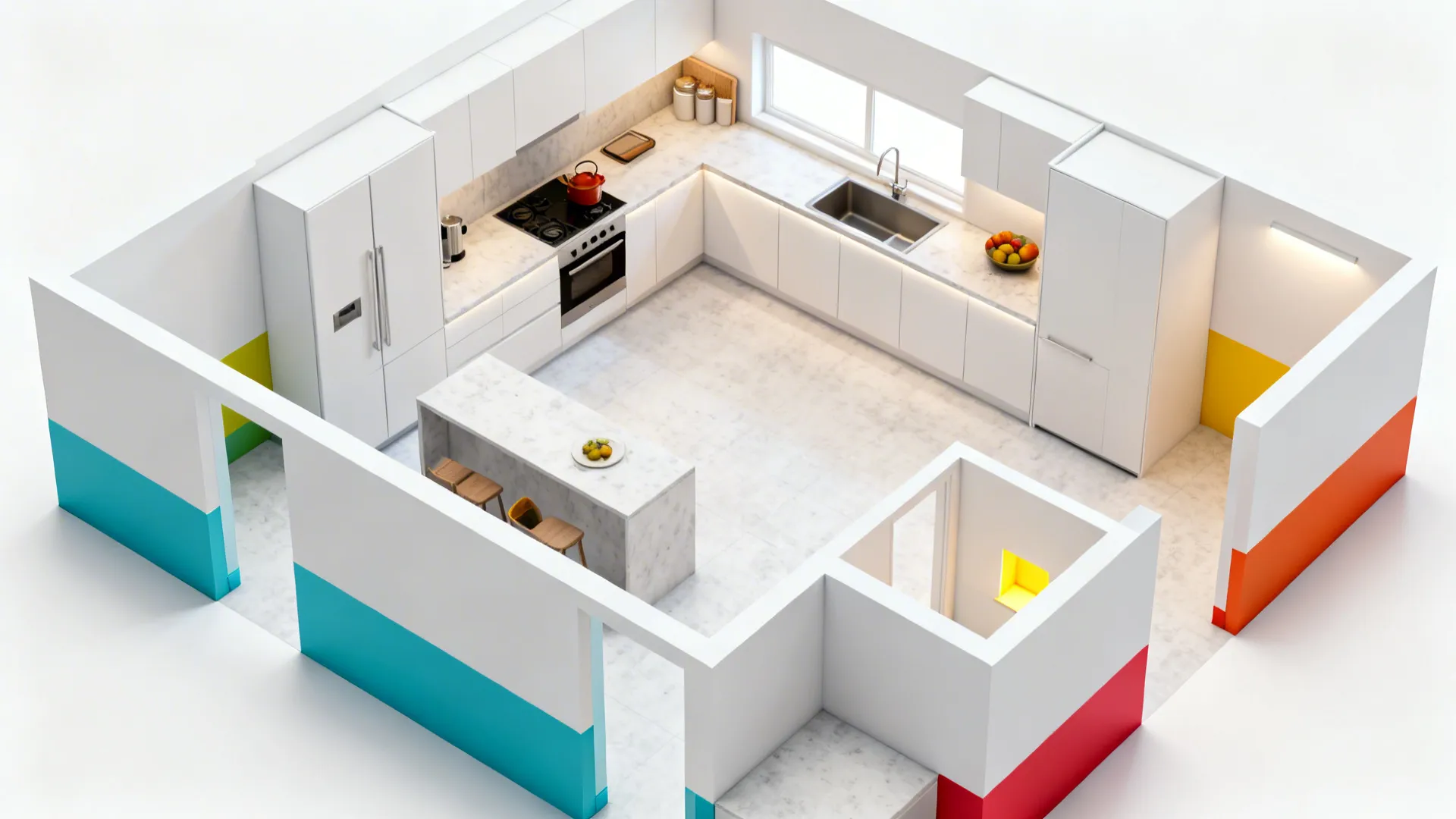 Top-down kitchen plan showing light base walls with strategic accent placements.