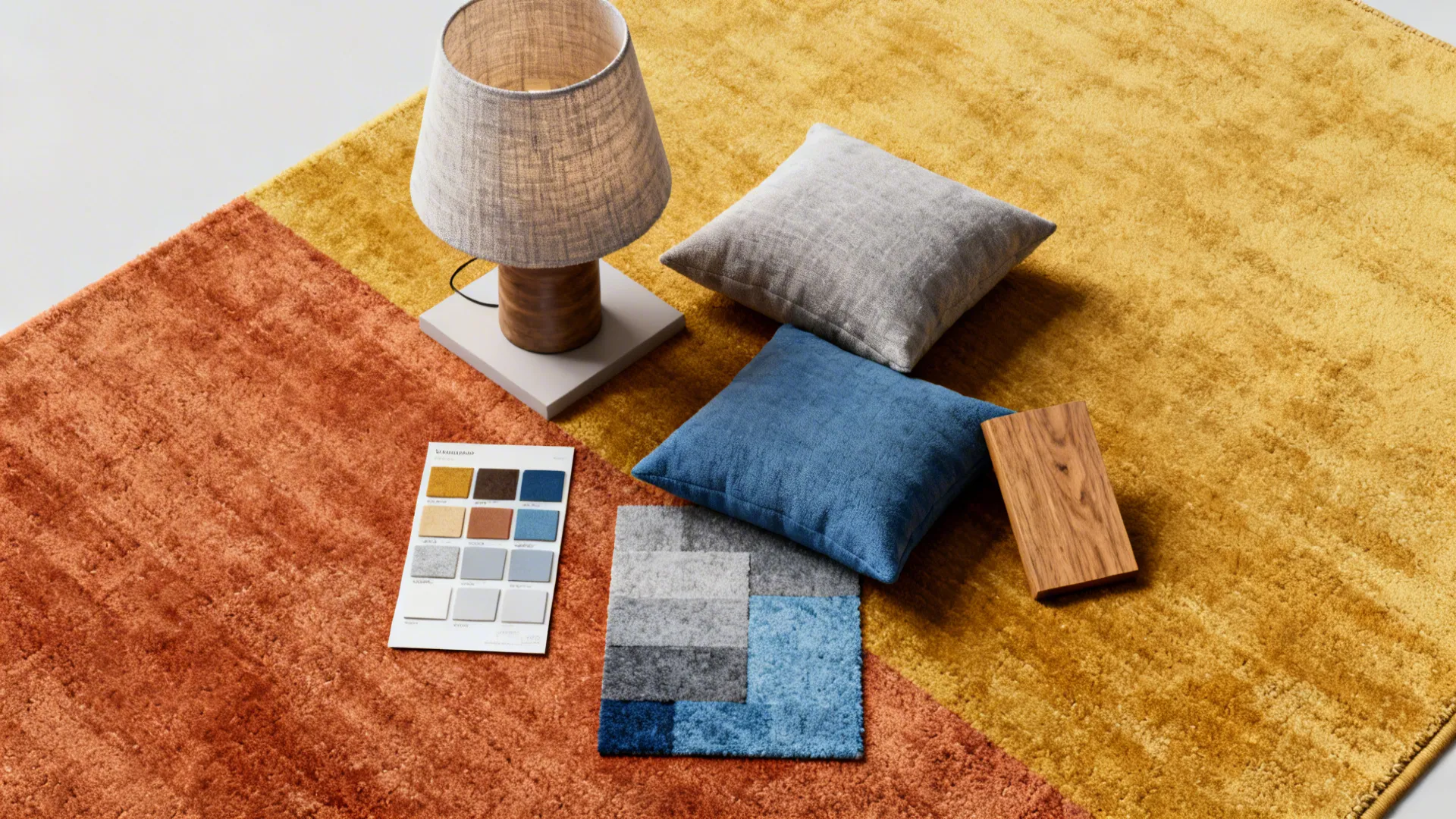 Flatlay of warm and cool rug color swatches with decor samples showing color coordination
