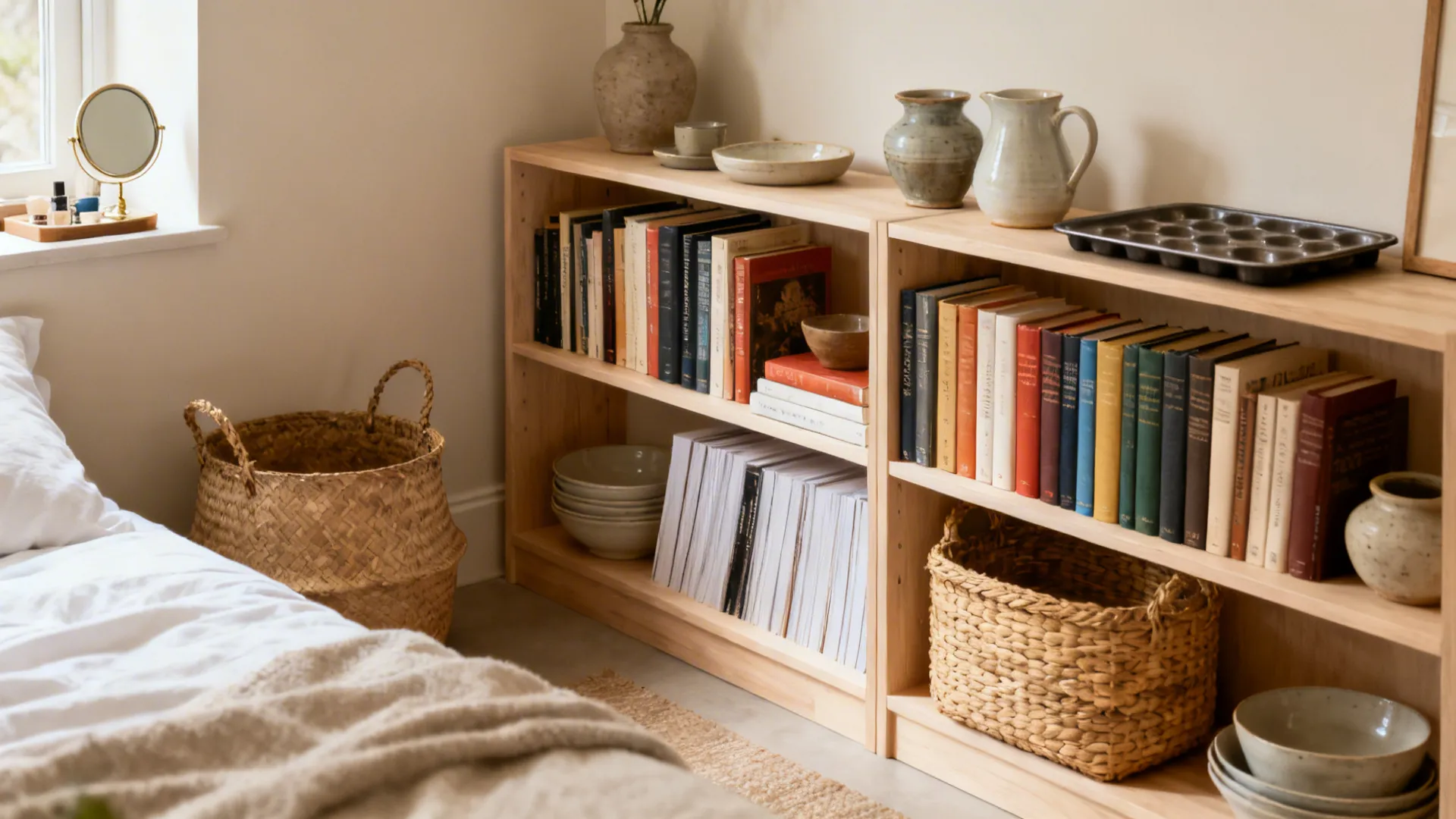 Wood bookshelf with colorful books woven baskets and ceramic bowls placed in a bright bedroom