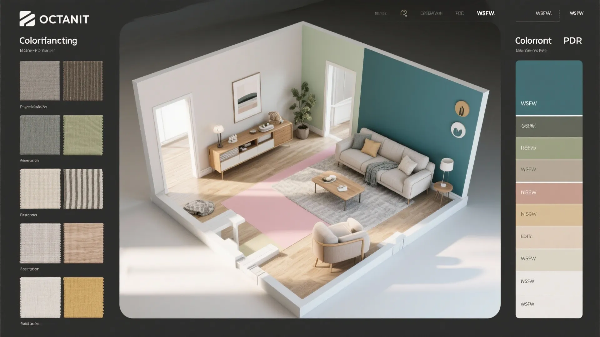 Interior design tool showing living room layout with color palettes and fabric material sample options
