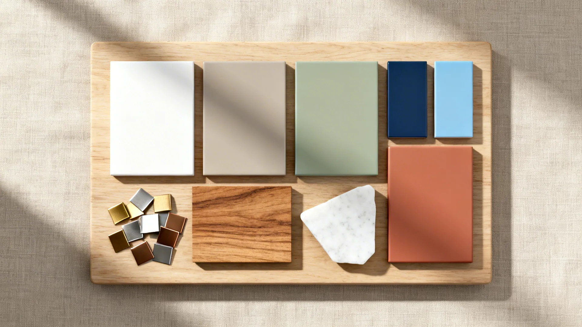 Interior design material board with colorful tiles wood samples white stone and small metal pieces