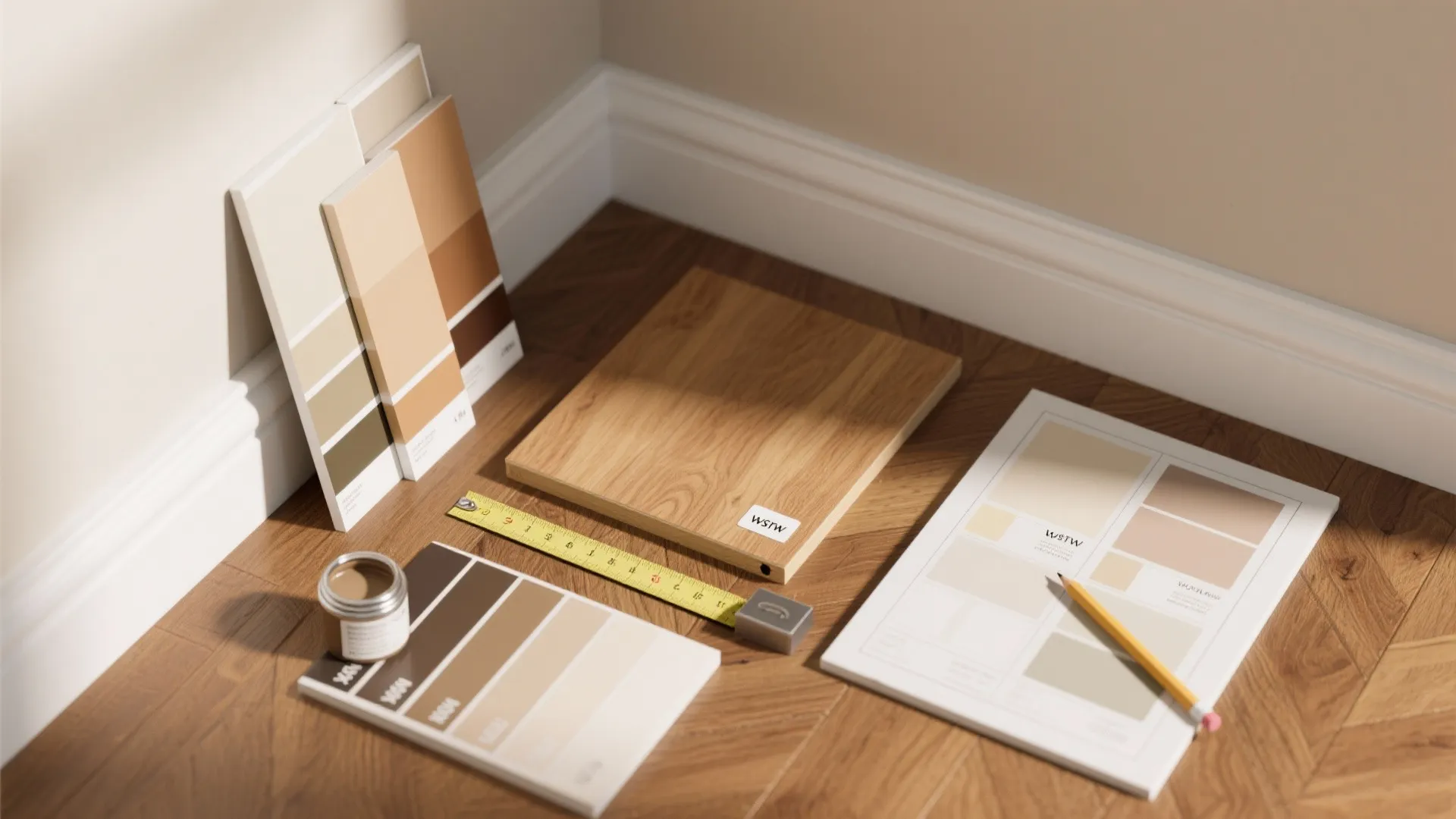 Interior design mood board on wood floor with color swatches wood sample tape measure and pencil