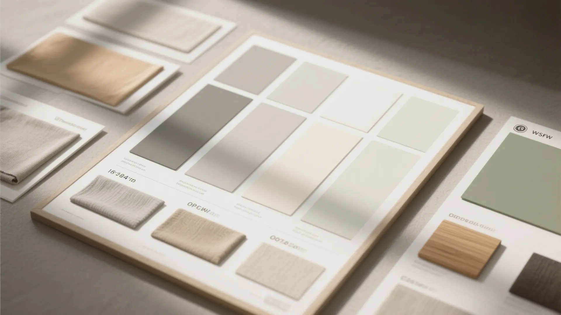 Top-down flatlay of large paint swatches, poster board samples, fabric and wood finish samples for testing neutral undertones.