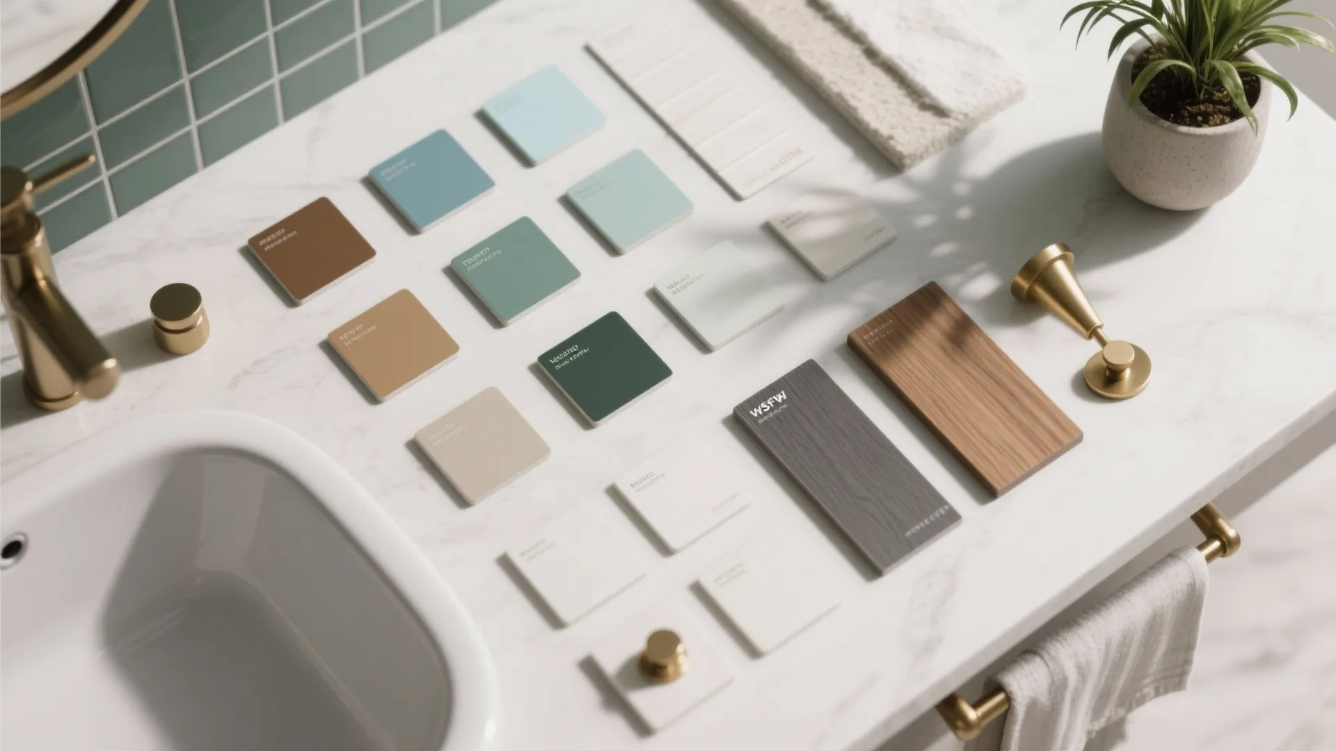 Flatlay of paint swatches, tile samples and wood veneers showing Feng Shui bathroom palettes.