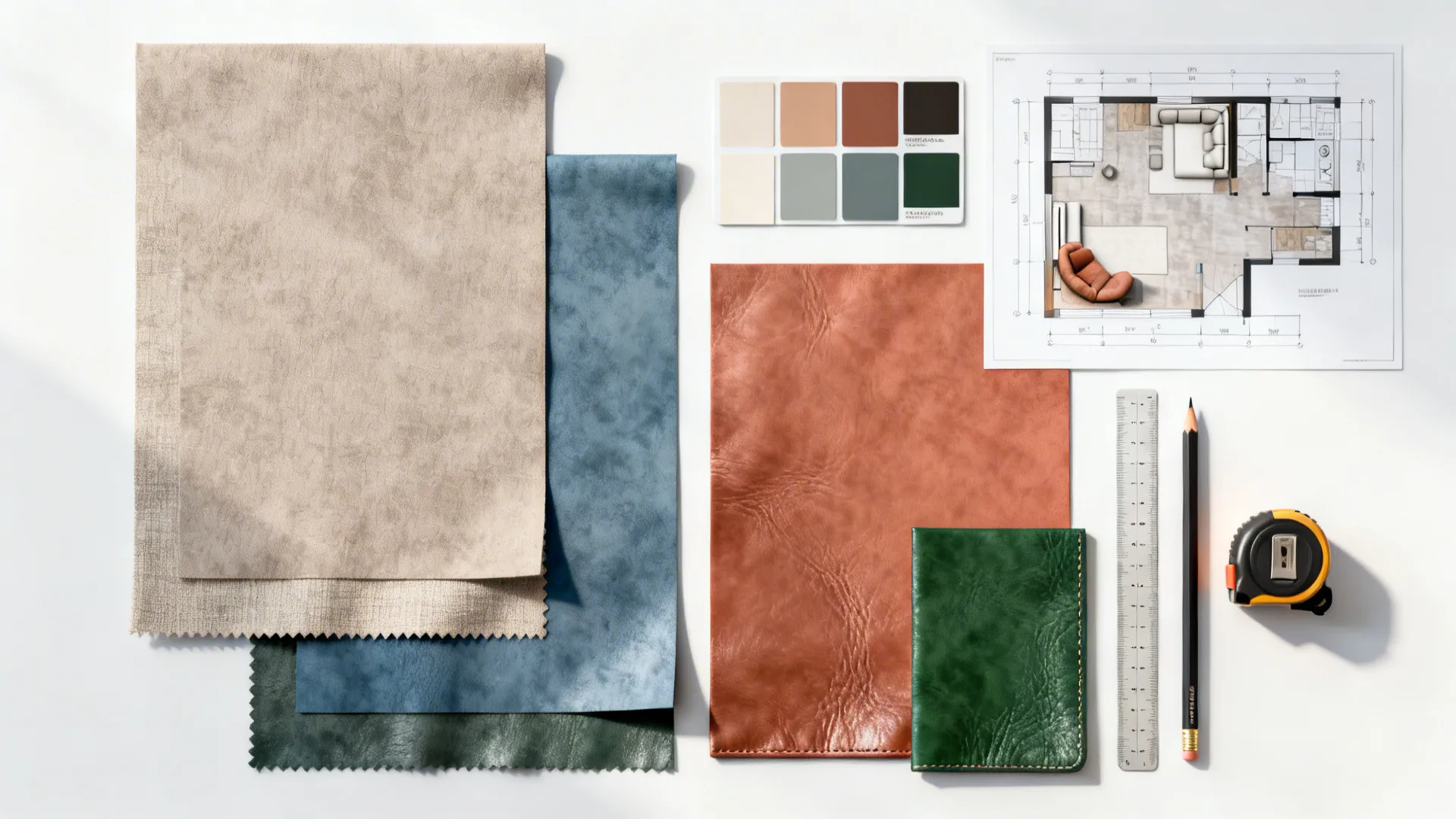 Flatlay of color swatches, fabric samples and a room planner for testing paint choices