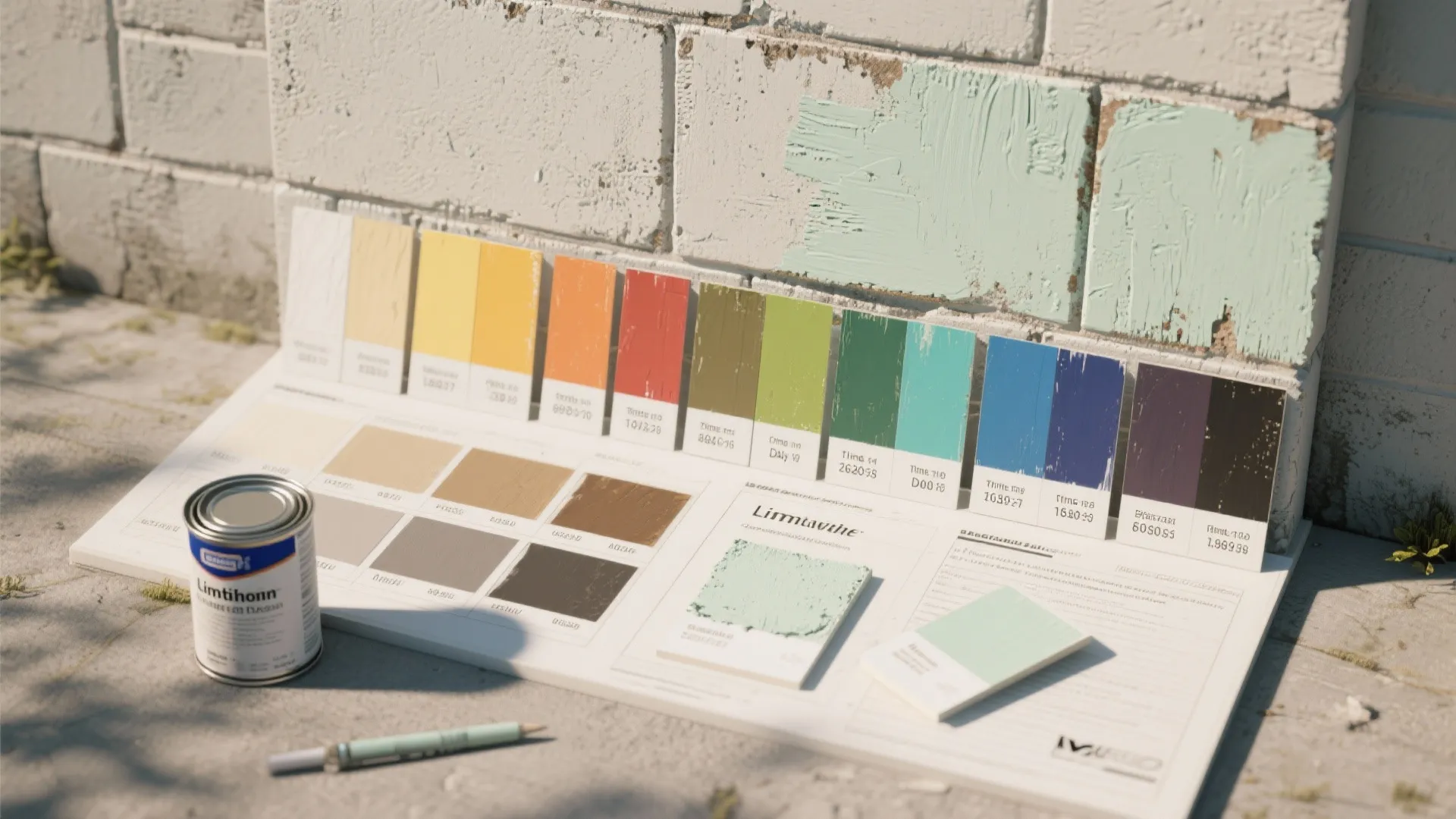 Colorful paint swatches and a paint can on a white board against a brick wall