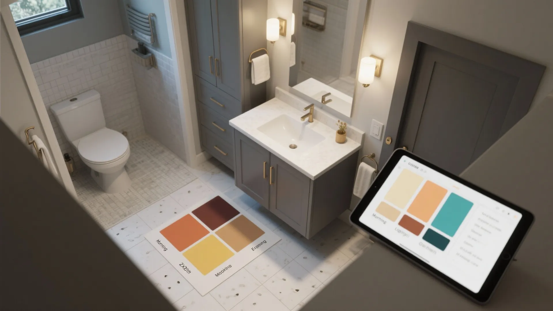 Top-down mockup showing paint swatches near a gray vanity and 3D color pairing on a tablet.