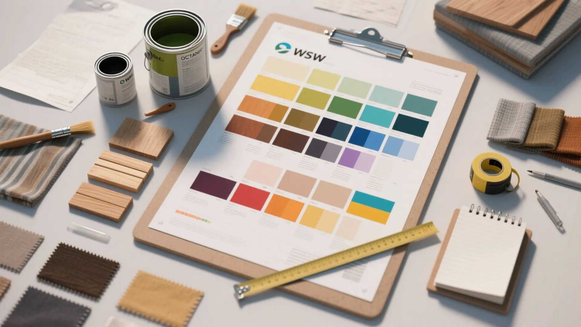 Top-down flatlay of large paint poster boards, swatches, brushes and wood samples used for testing rustic colors.