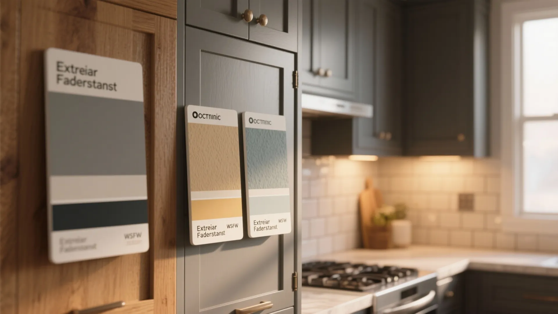 Several paint color swatches attached to kitchen cabinet doors in a modern home interior setting