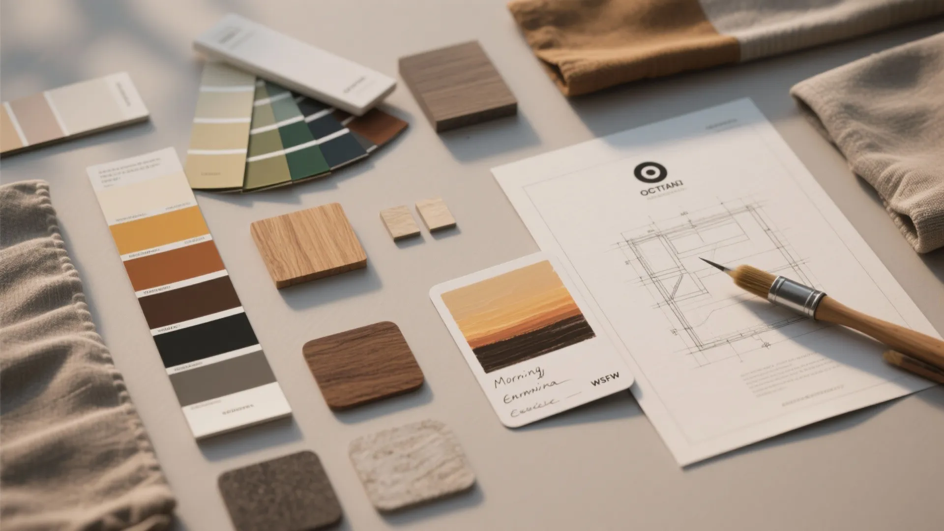 Top-down flatlay with paint swatches, fabric and wood samples, and a small blueprint sketch illustrating color testing.