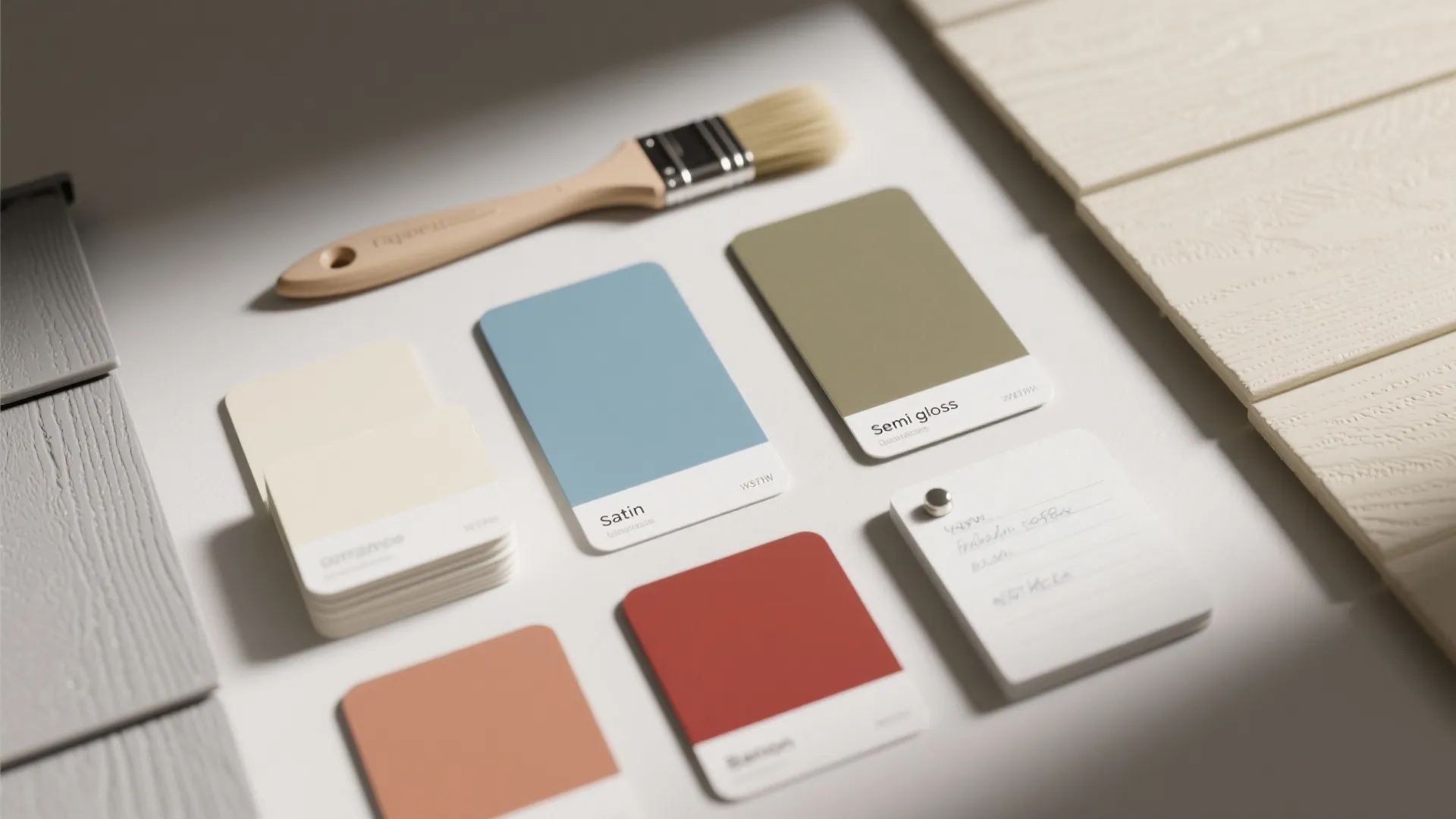 Selection of colorful paint swatches on a white table with a wooden brush and samples