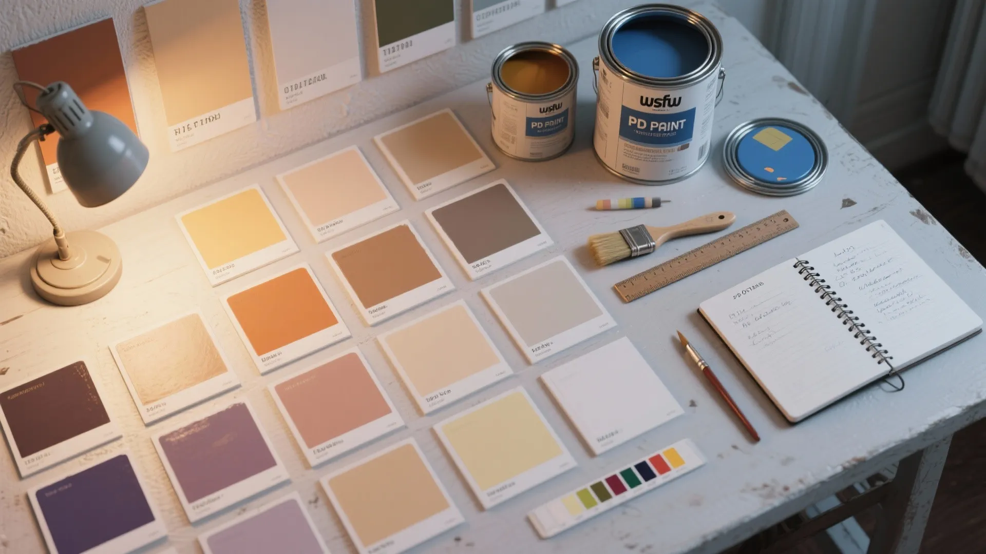 Wooden table covered with colorful paint swatches blue paint cans brush notebook and desk lamp